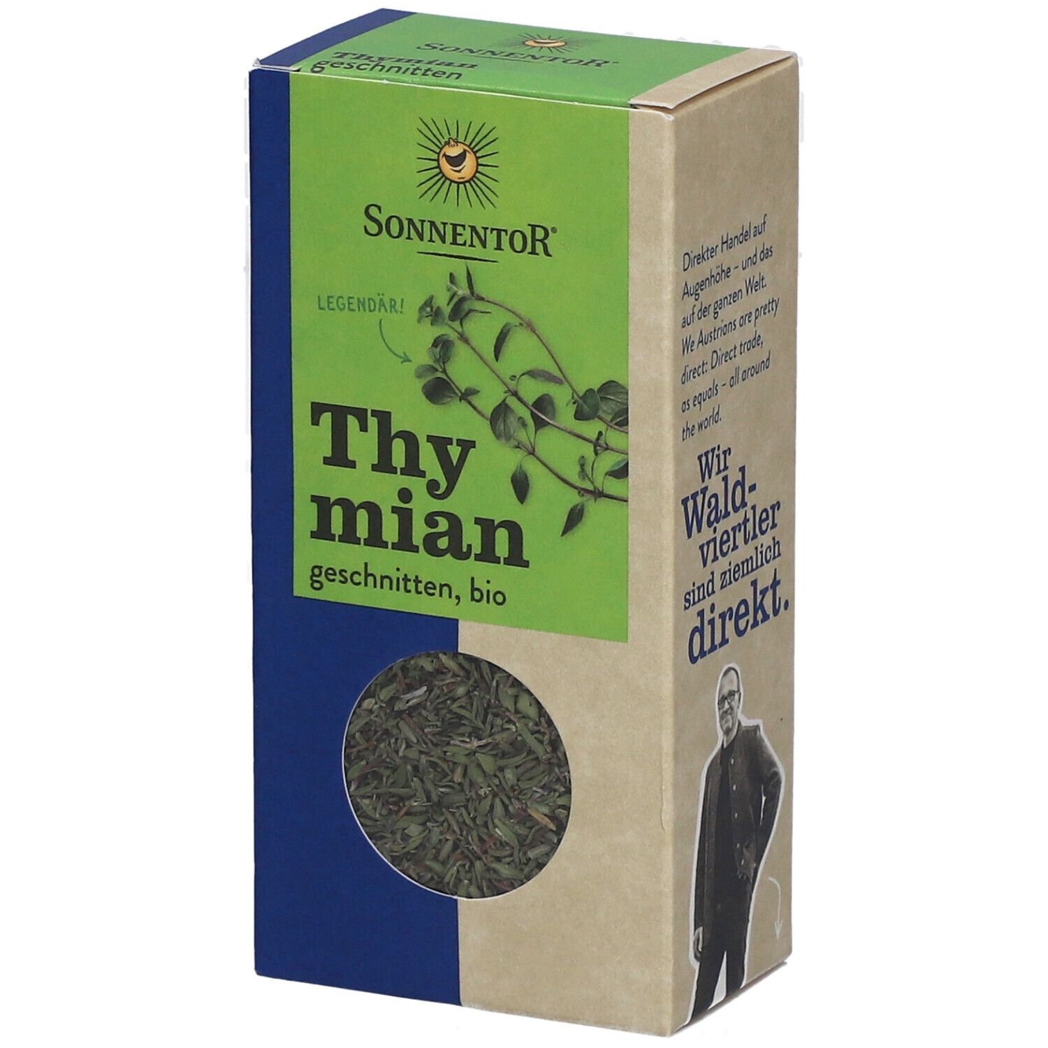 Boîte Sonnentor Thym bio coupé. Fenêtre avec contenu visible. Logo et texte.