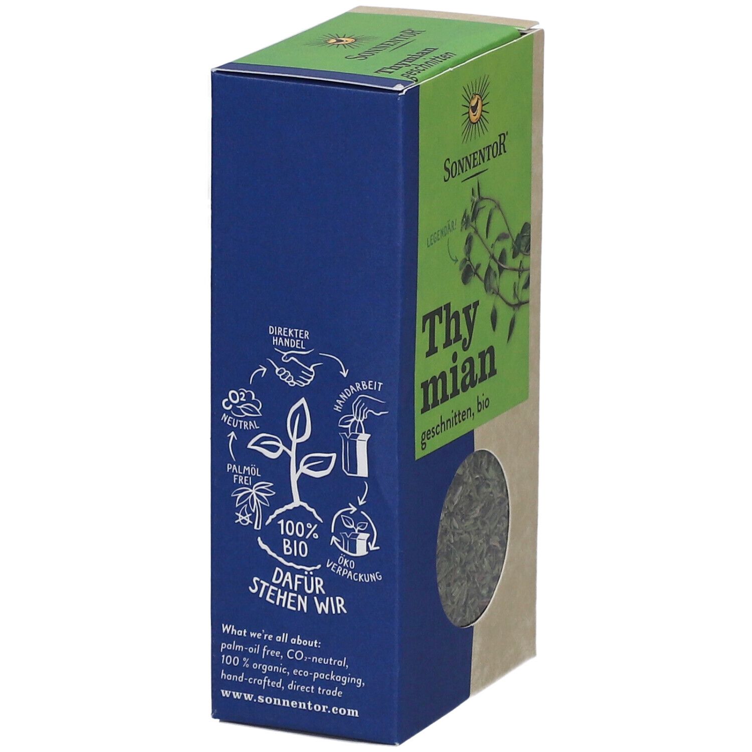 Emballage Sonnentor Thym bio coupé. Couleurs bleu et marron. Logo et texte. Fenêtre.