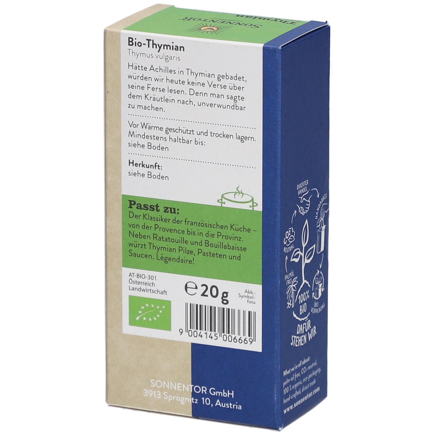 Dos de l'emballage Sonnentor Thym bio coupé. Texte, label bio et poids 20g.