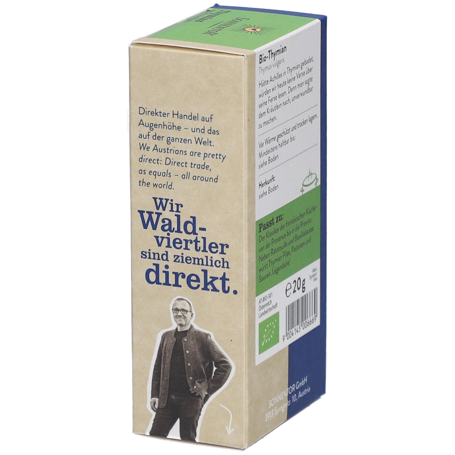 Emballage Sonnentor Thym bio coupé. Arrière avec texte, label bio et poids 20g.