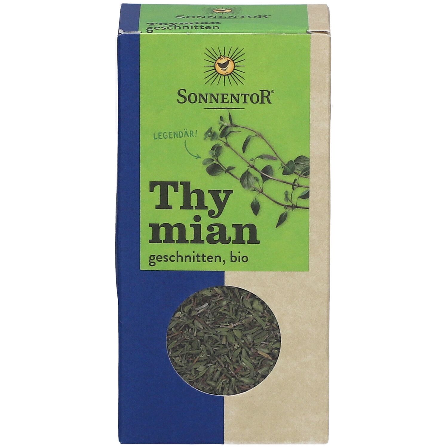 Emballage Sonnentor Thym bio coupé. Face avant avec logo, texte et fenêtre.