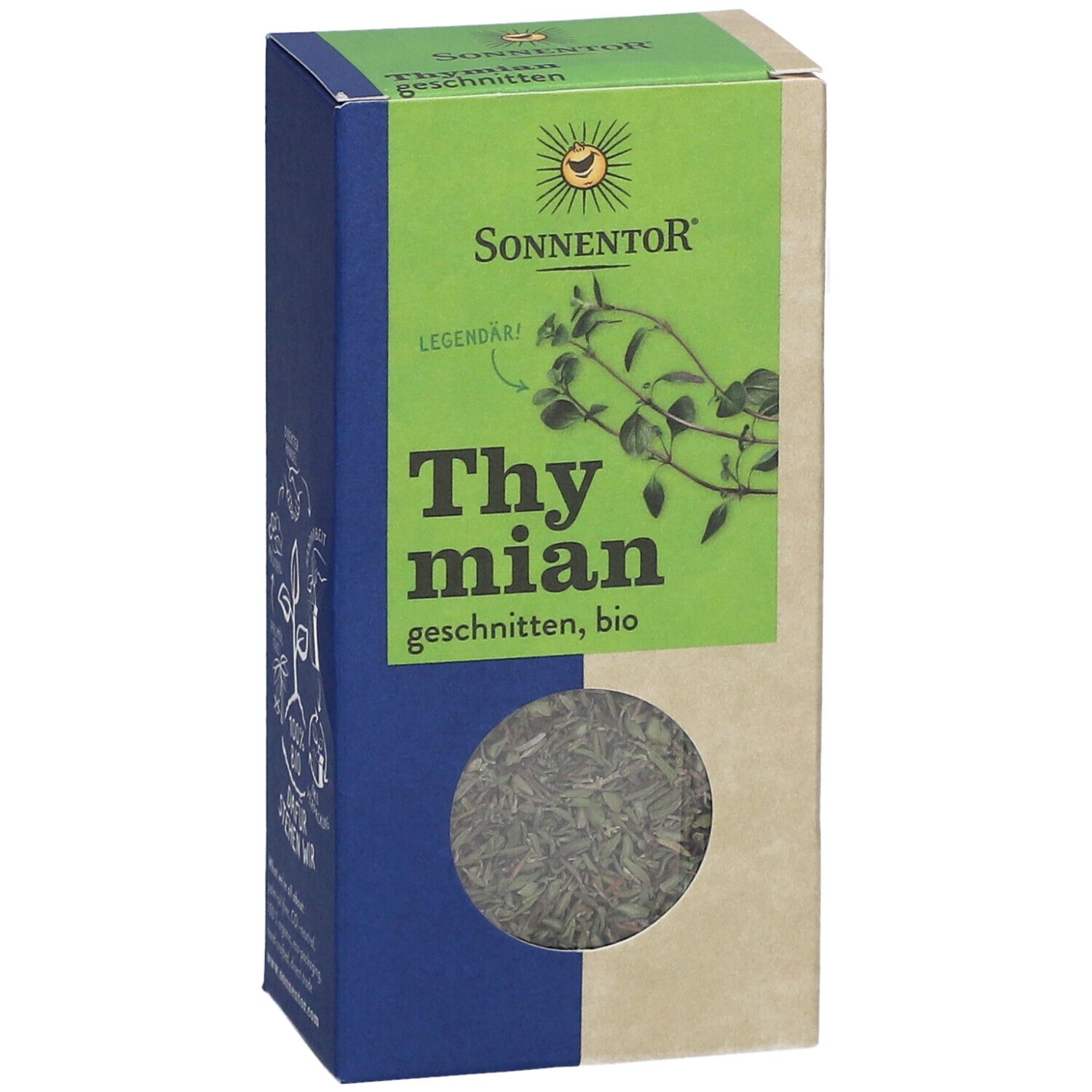 Emballage Sonnentor Thym bio coupé. Face avant avec logo, texte et fenêtre.