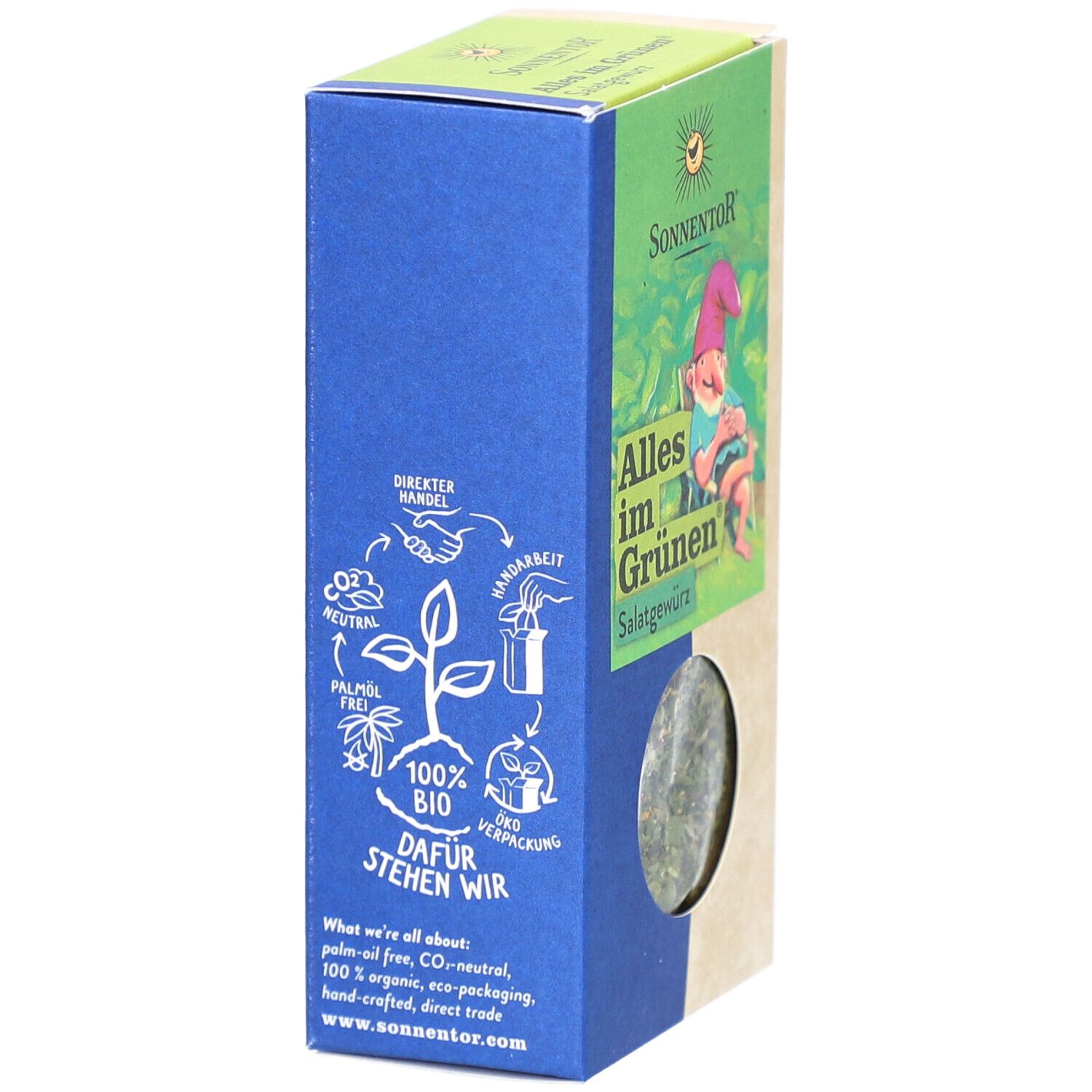 Côté bleu de l'emballage avec illustrations et texte. Logo 100% Bio. Fenêtre avec herbes.