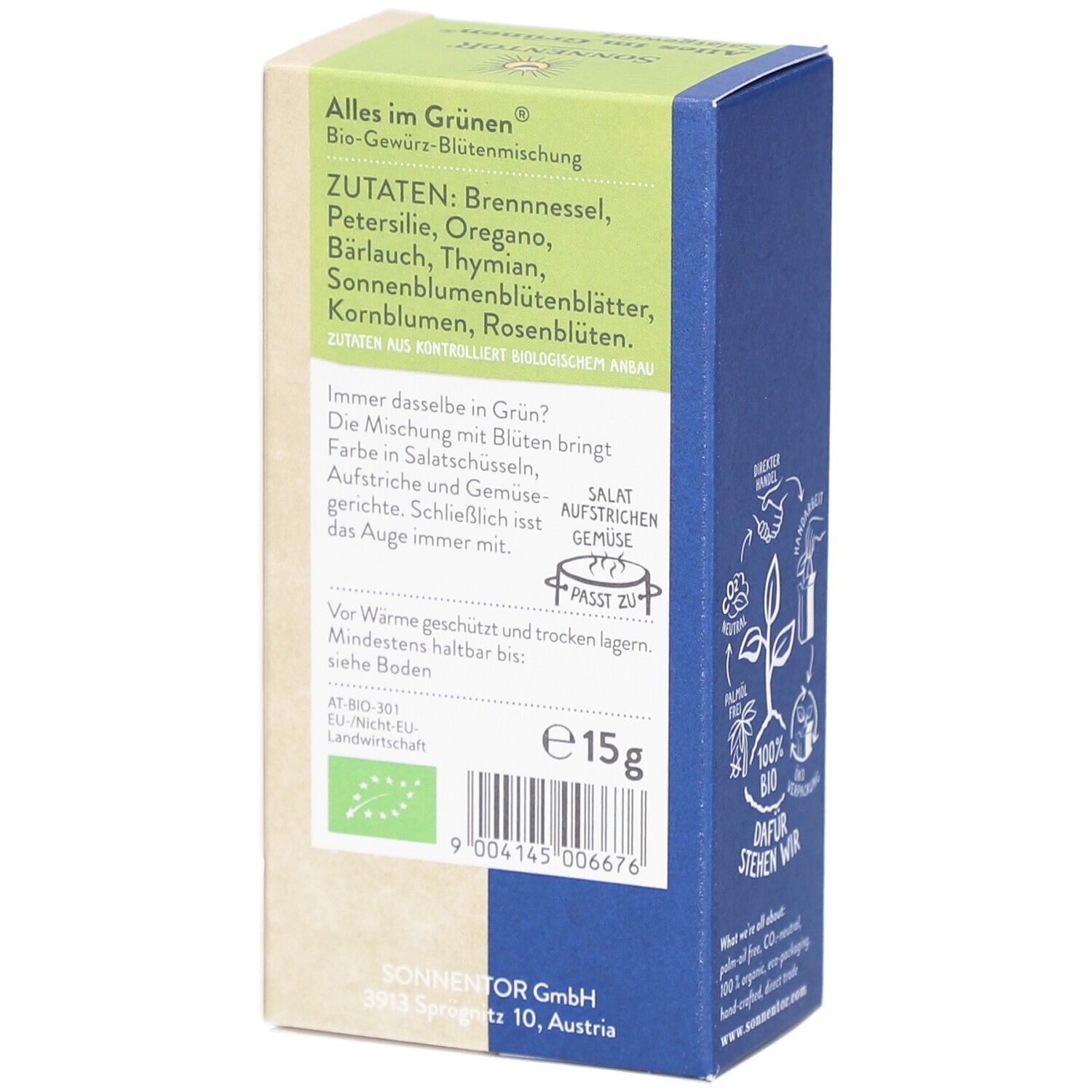 Dos de l'emballage avec liste des ingrédients et texte. Label bio et indication de poids : 15g.