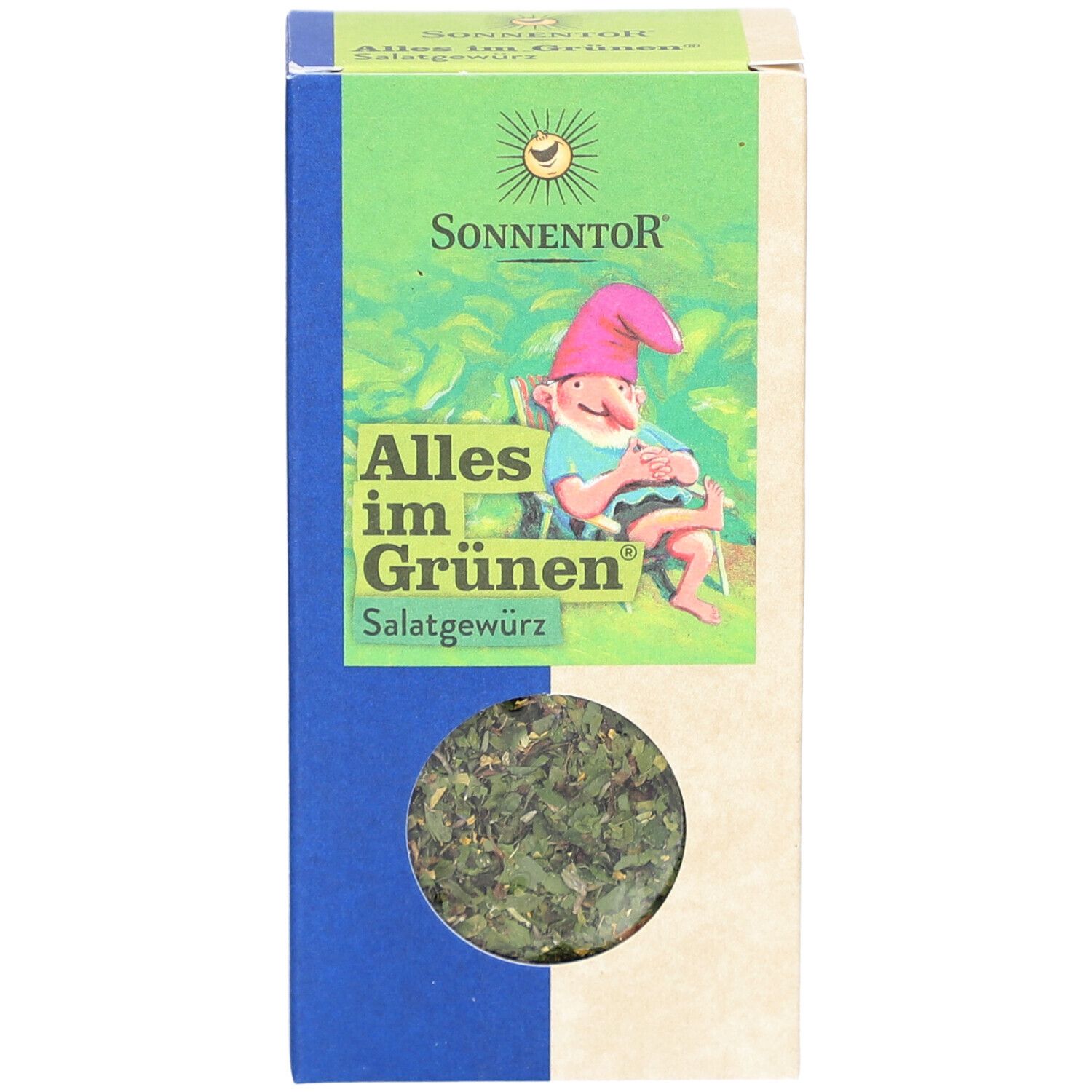 Boîte de SonnentoR Alles im grünen Bereich Salatwürze. Fenêtre avec herbes. Logo, texte et illustrations.