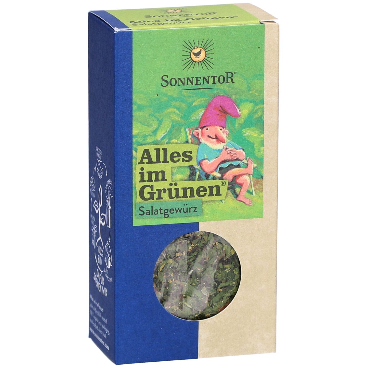Boîte de SonnentoR Alles im grünen Bereich Salatwürze. Fenêtre avec herbes. Logo, texte et illustrations.
