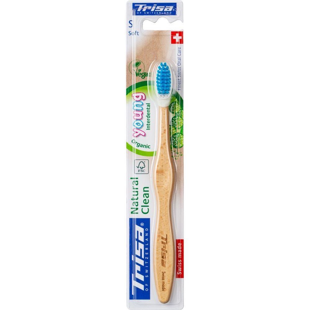 Trisa Zahnbürste Natural Clean Young, weich, Bambusgriff, blaue Borsten, vegan, Swiss made.