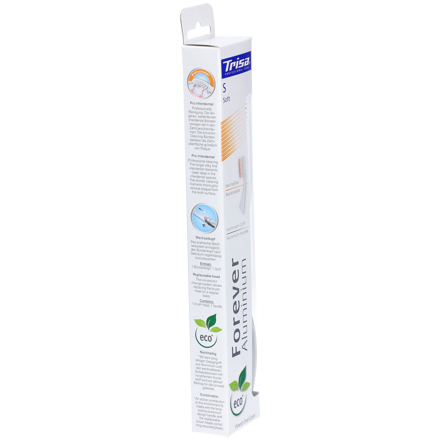 Verpackung der Zahnbürste. Text mit Produktinformationen. "Forever Aluminium" und "eco" Logo.