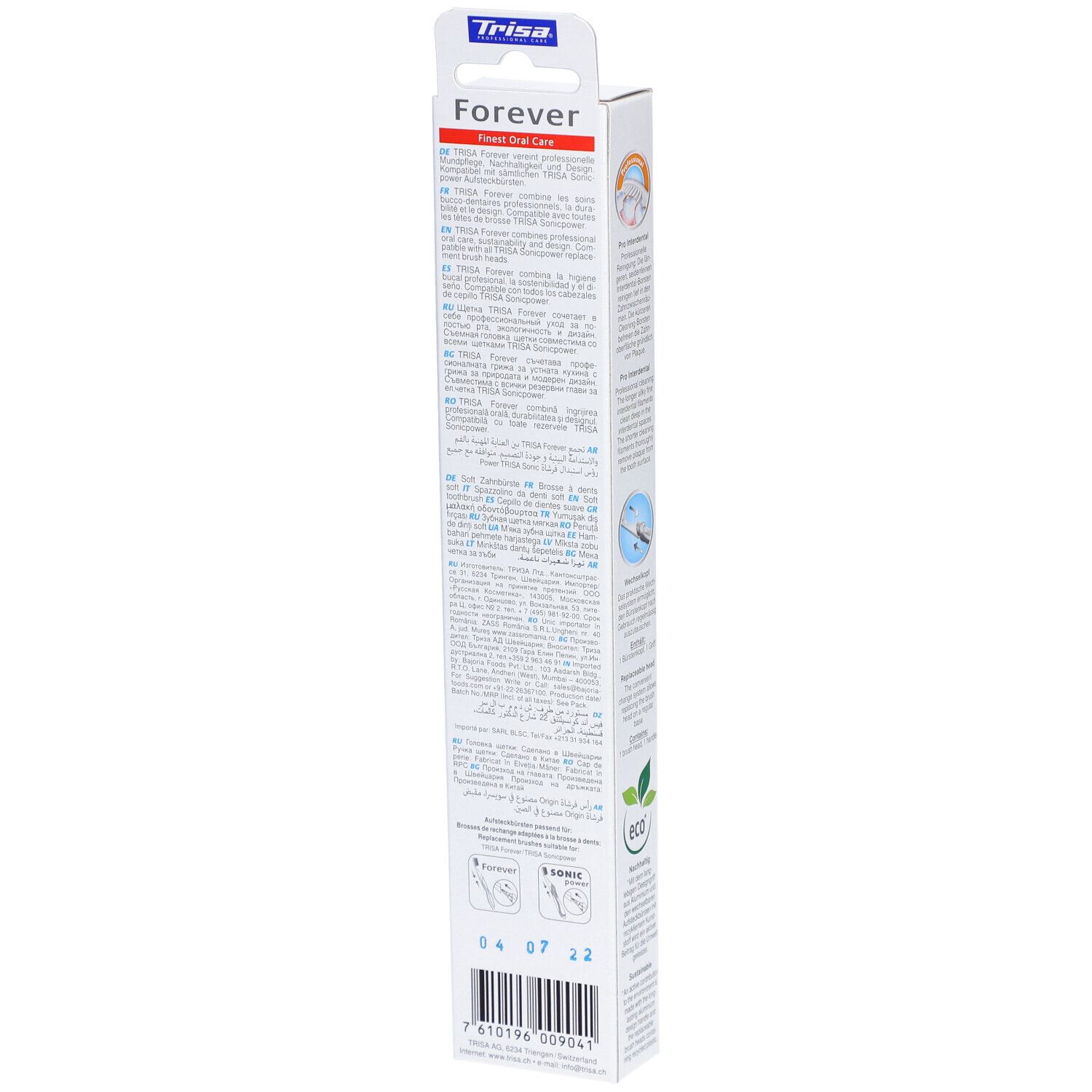 Rückseite der Zahnbürstenverpackung. Text in mehreren Sprachen. Barcode und Logo "eco" sichtbar.
