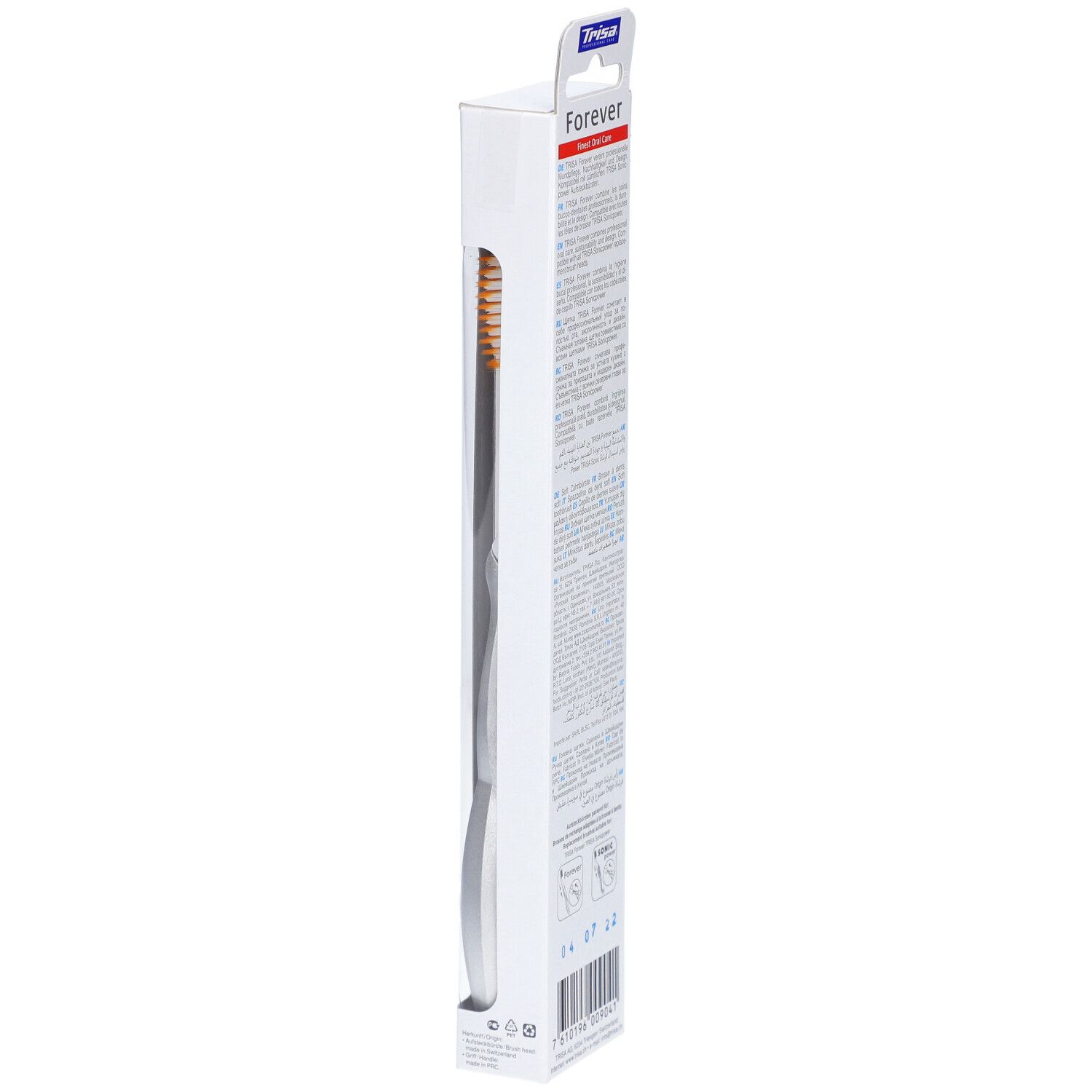 Seitenansicht der Zahnbürstenverpackung. Text und Produktname "Forever".