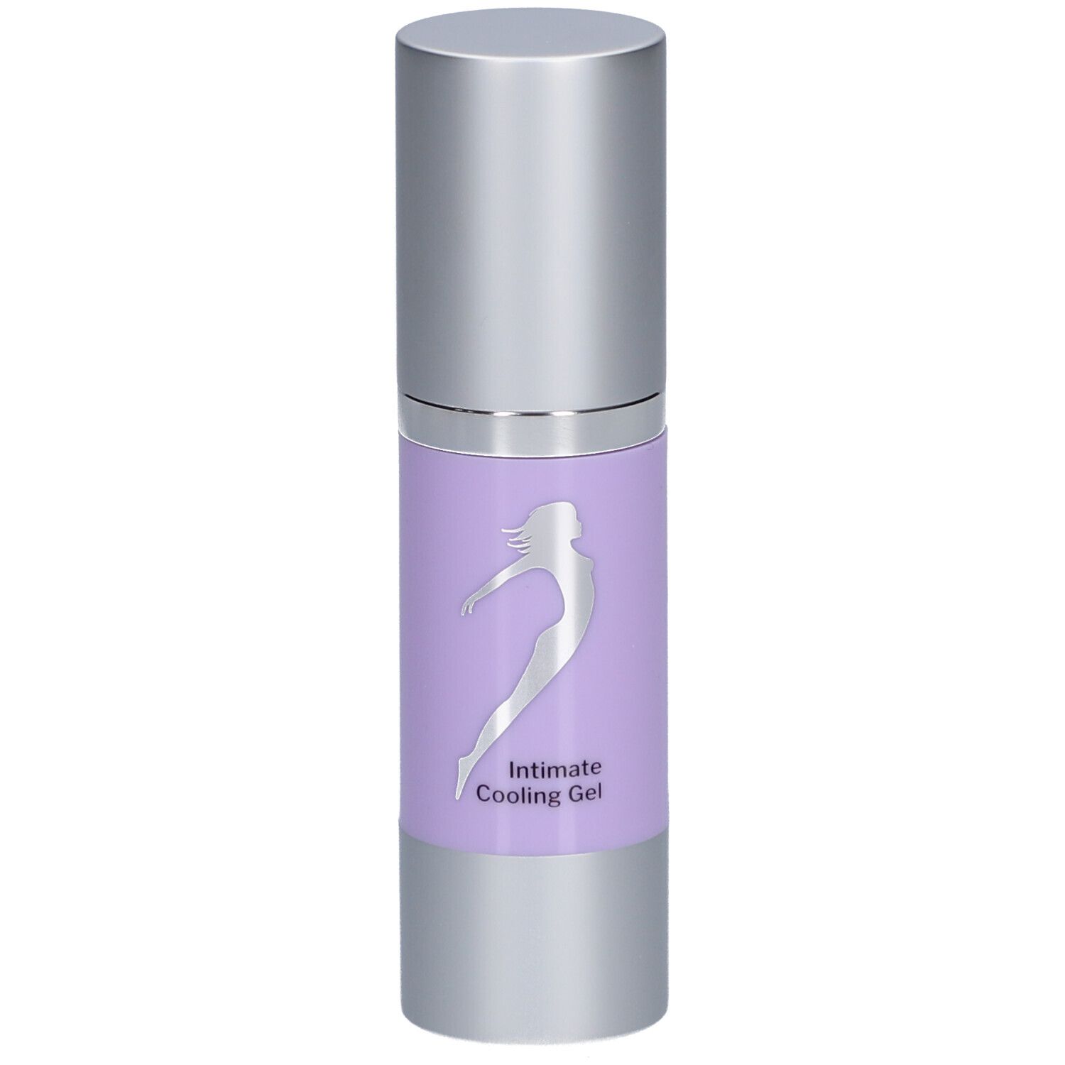 Flacon cylindrique argenté et violet. Étiquette: silhouette, Intimate Cooling Gel.