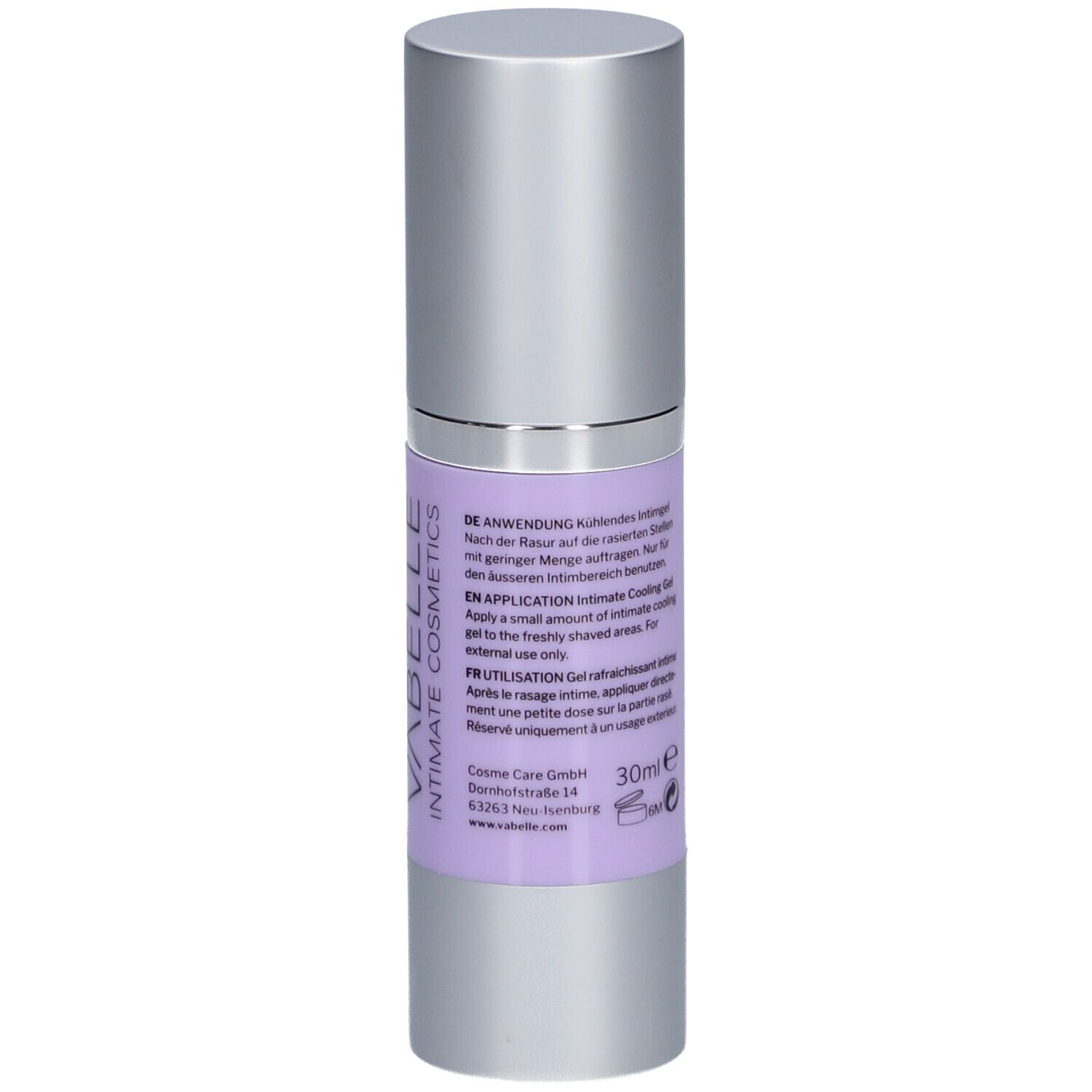 Flacon avec texte sur étiquette violette. Texte en allemand, anglais et français. 30ml.