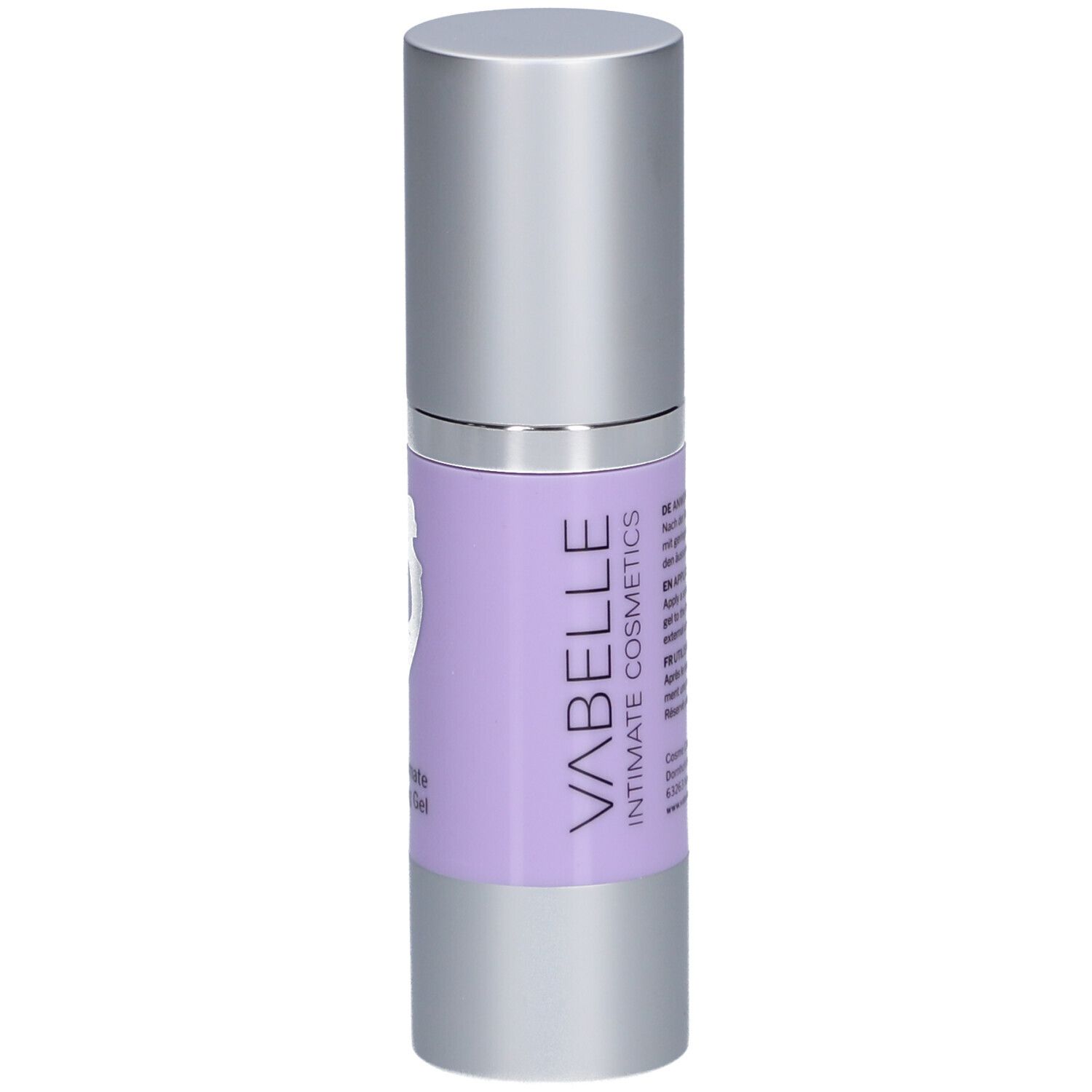 Flacon avec texte sur étiquette violette. VABELLE Intimate Cosmetics. 30ml.