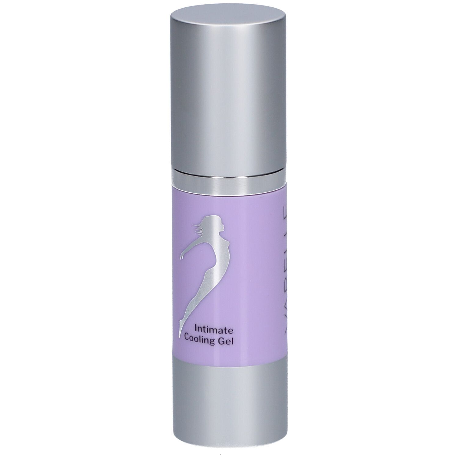 Flacon cylindrique argenté. Étiquette violette avec silhouette et texte.