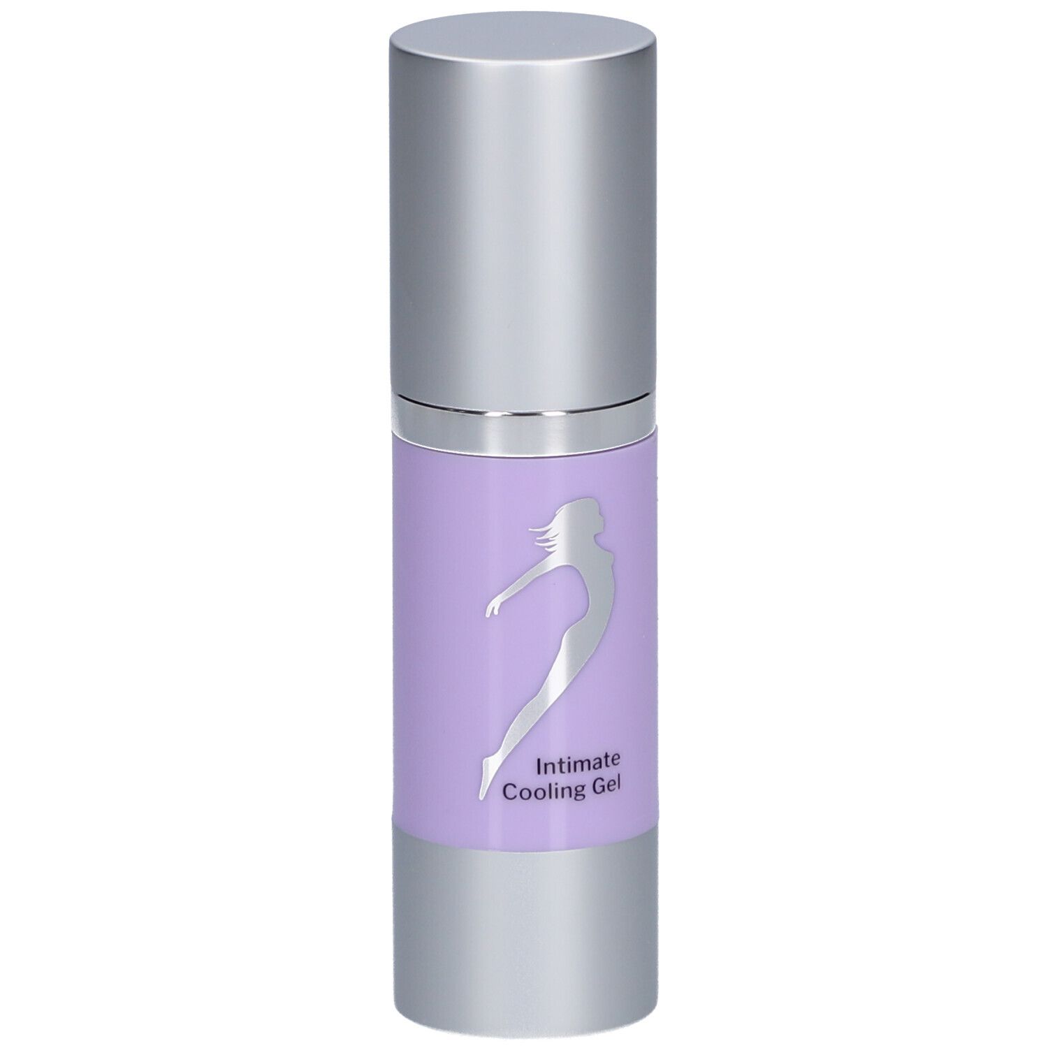 Flacon cylindrique argenté. Étiquette violette avec silhouette et texte.