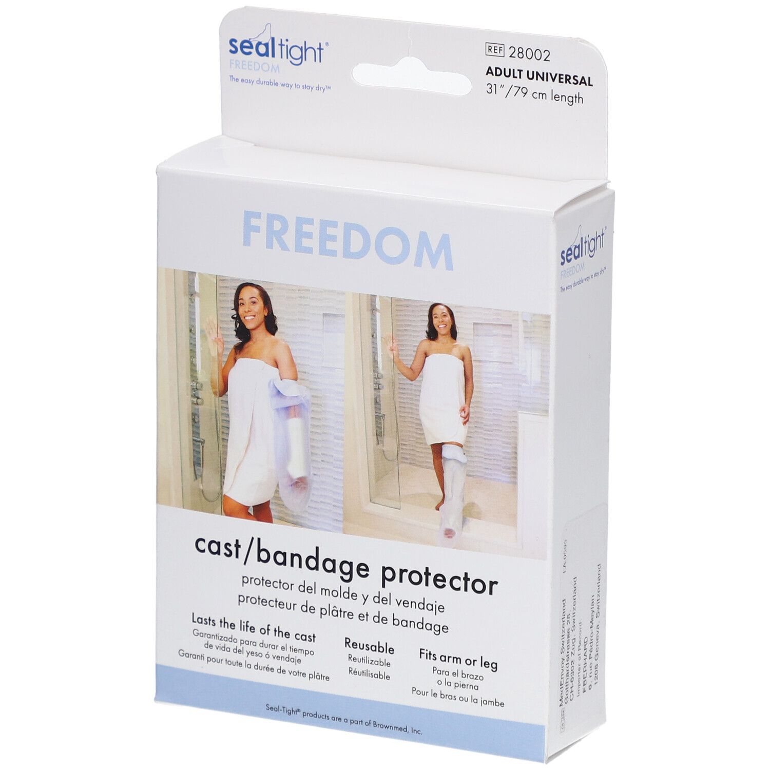 Verpackung des Sealtight® FREEDOM Gips- und Verbandsschutzes. Aufdruck: FREEDOM, cast/bandage protector, 31"/79 cm.