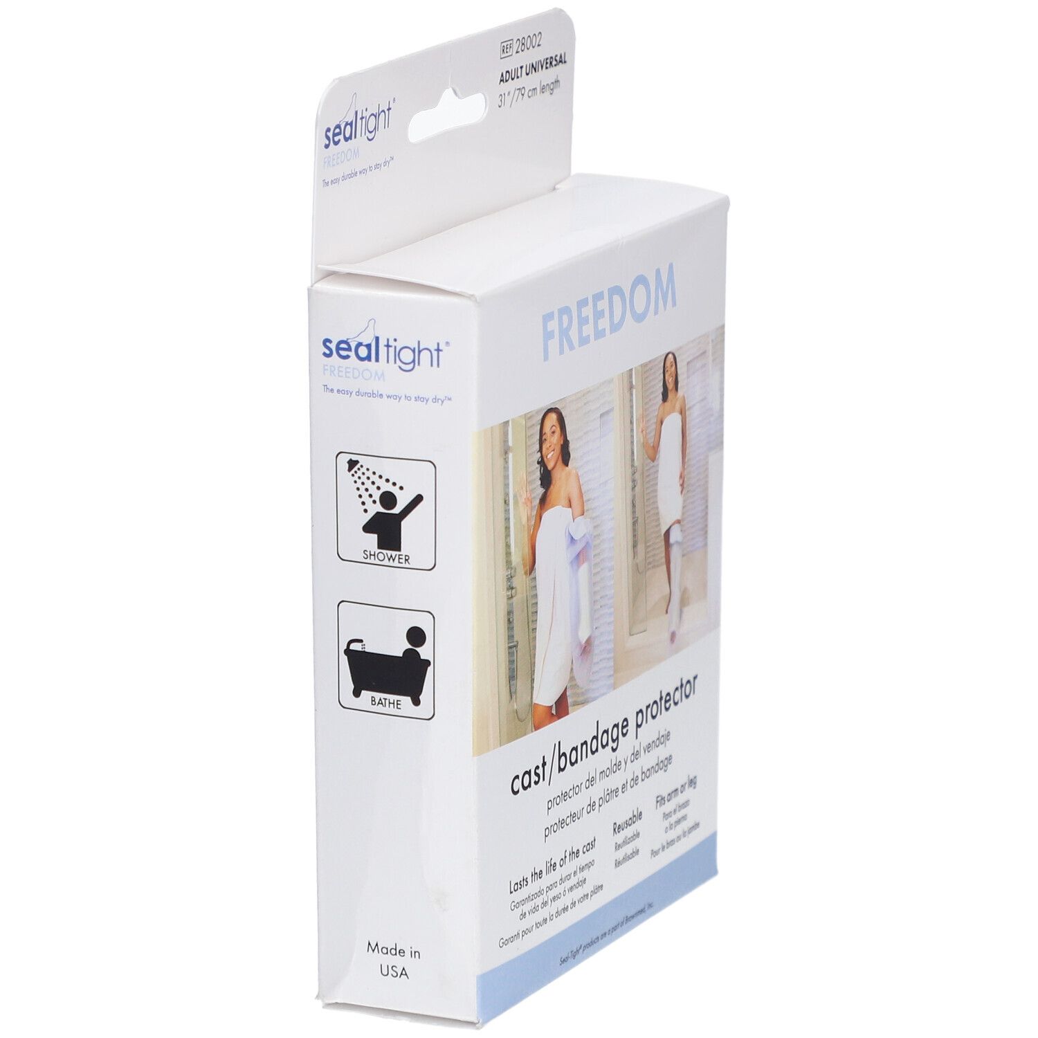 Verpackung des Sealtight® FREEDOM Gips- und Verbandsschutzes. Seitenansicht mit Produktabbildung und Logos.