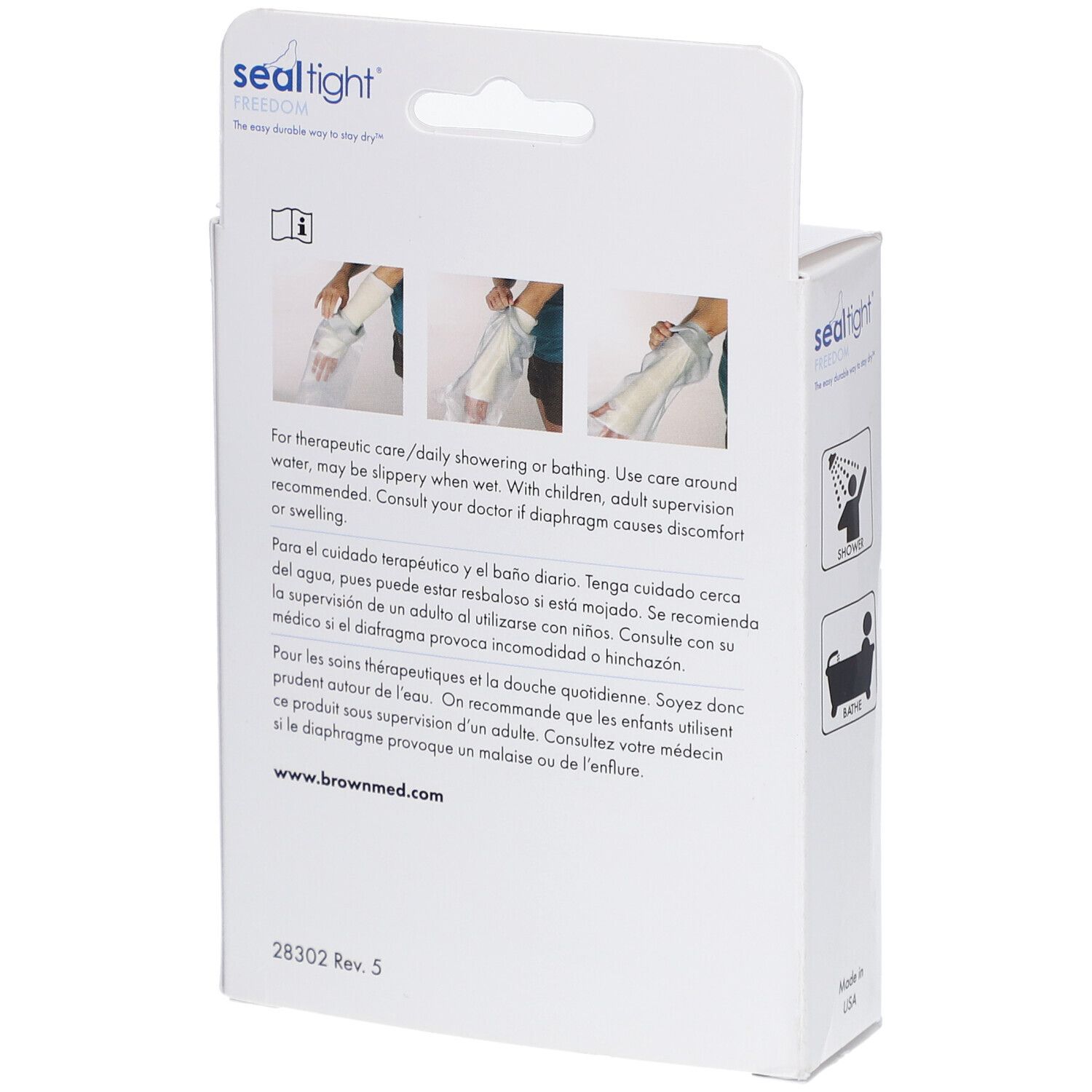Rückseite der Verpackung des Sealtight® FREEDOM Gips- und Verbandsschutzes. Text in mehreren Sprachen, Produktabbildungen.