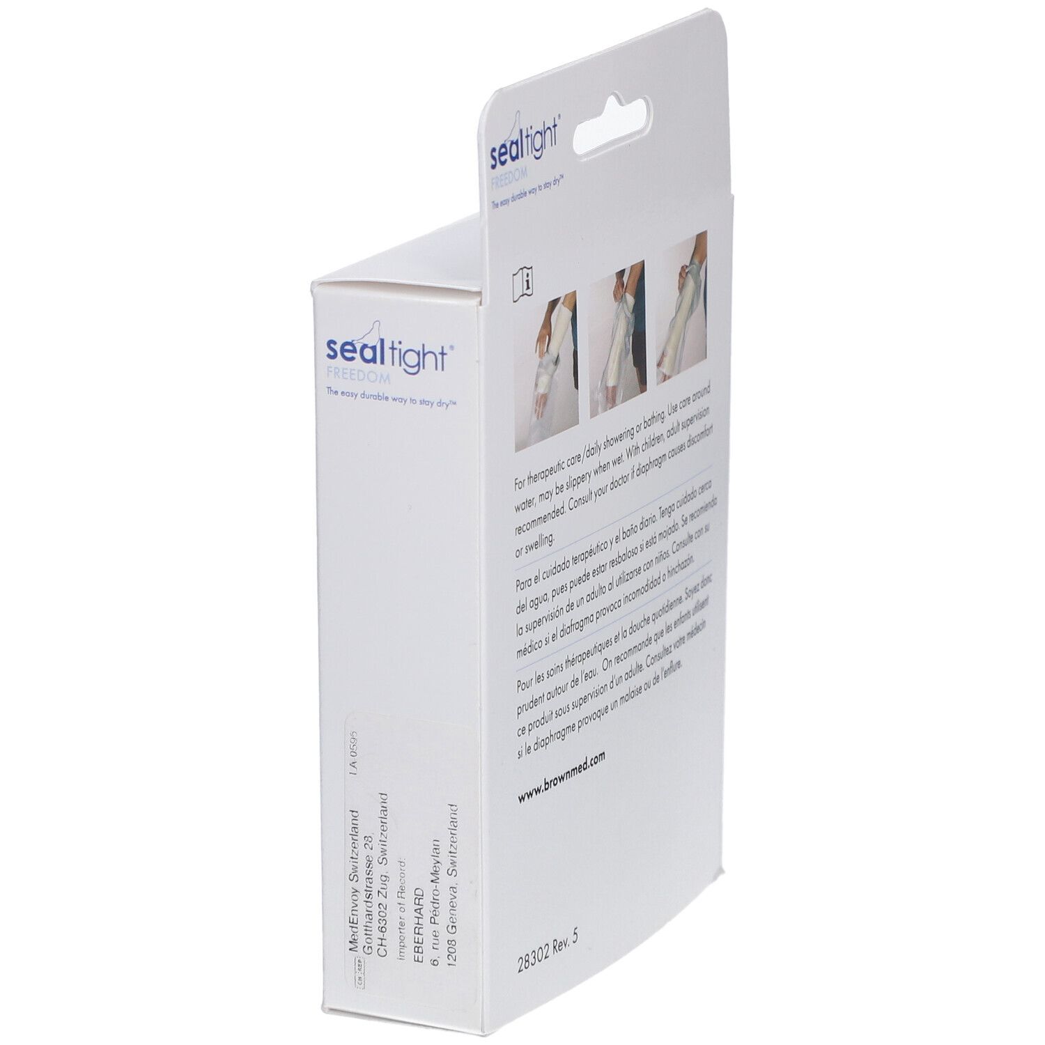 Seitenansicht der Verpackung des Sealtight® FREEDOM Gips- und Verbandsschutzes. Text und Produktabbildungen.