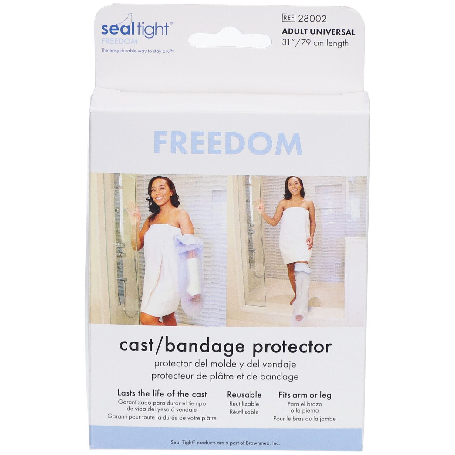 Verpackung des Sealtight® FREEDOM Gips- und Verbandsschutzes. Aufdruck: FREEDOM, cast/bandage protector, 31"/79 cm.