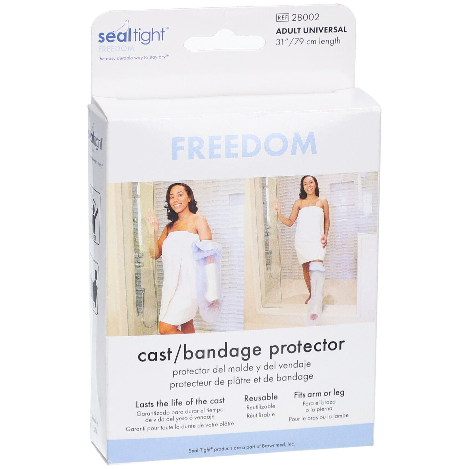 Verpackung des Sealtight® FREEDOM Gips- und Verbandsschutzes. Aufdruck: FREEDOM, cast/bandage protector, 31"/79 cm.