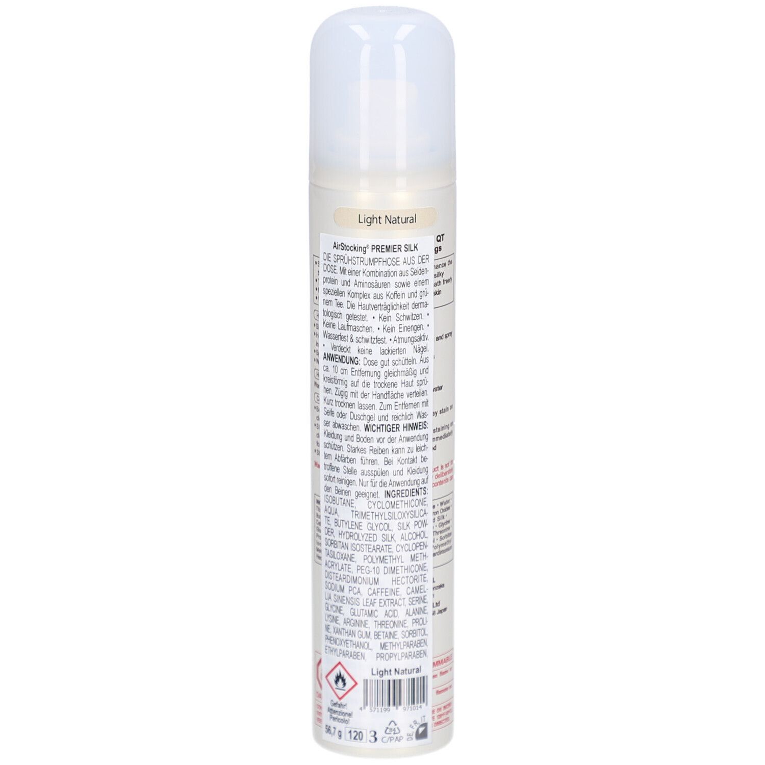 Beige Spraydose mit weißem Deckel. Text: AIR STOCKING PREMIER SILK. Aufschrift und Inhaltsangaben.