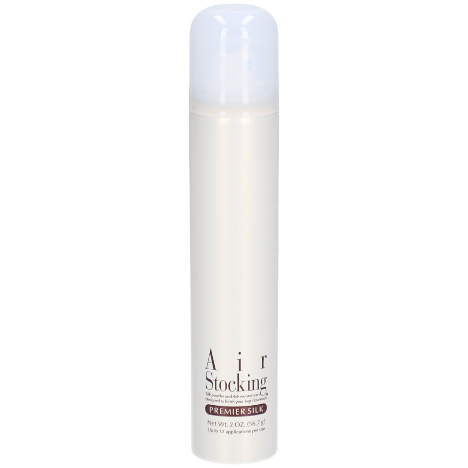 Beige Spraydose mit weißem Deckel. Text: AIR STOCKING PREMIER SILK. Netto 2.0 oz (56.7g).