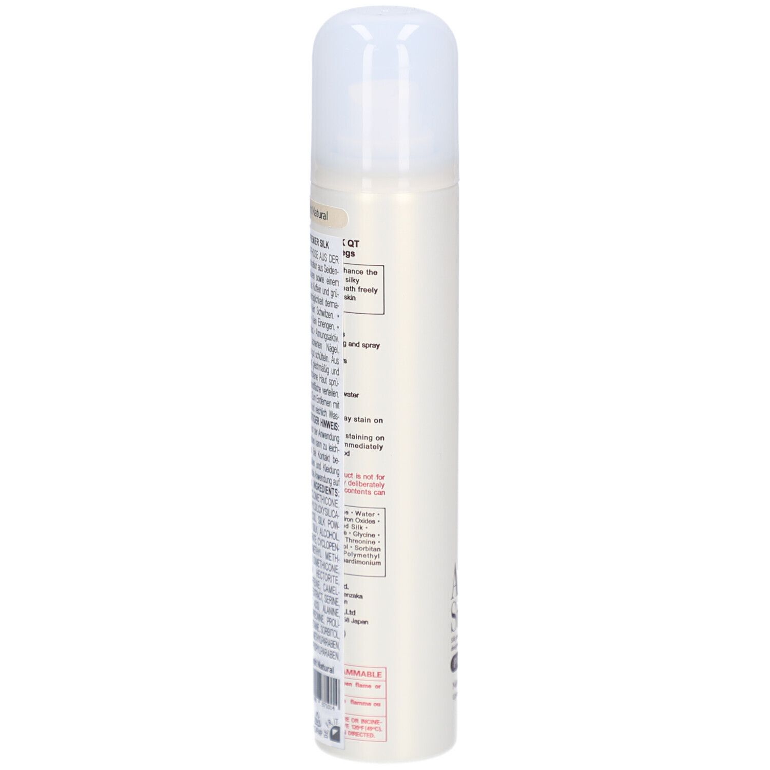 Beige Spraydose mit weißem Deckel. Text: AIR STOCKING PREMIER SILK. Aufschrift und Inhaltsangaben.