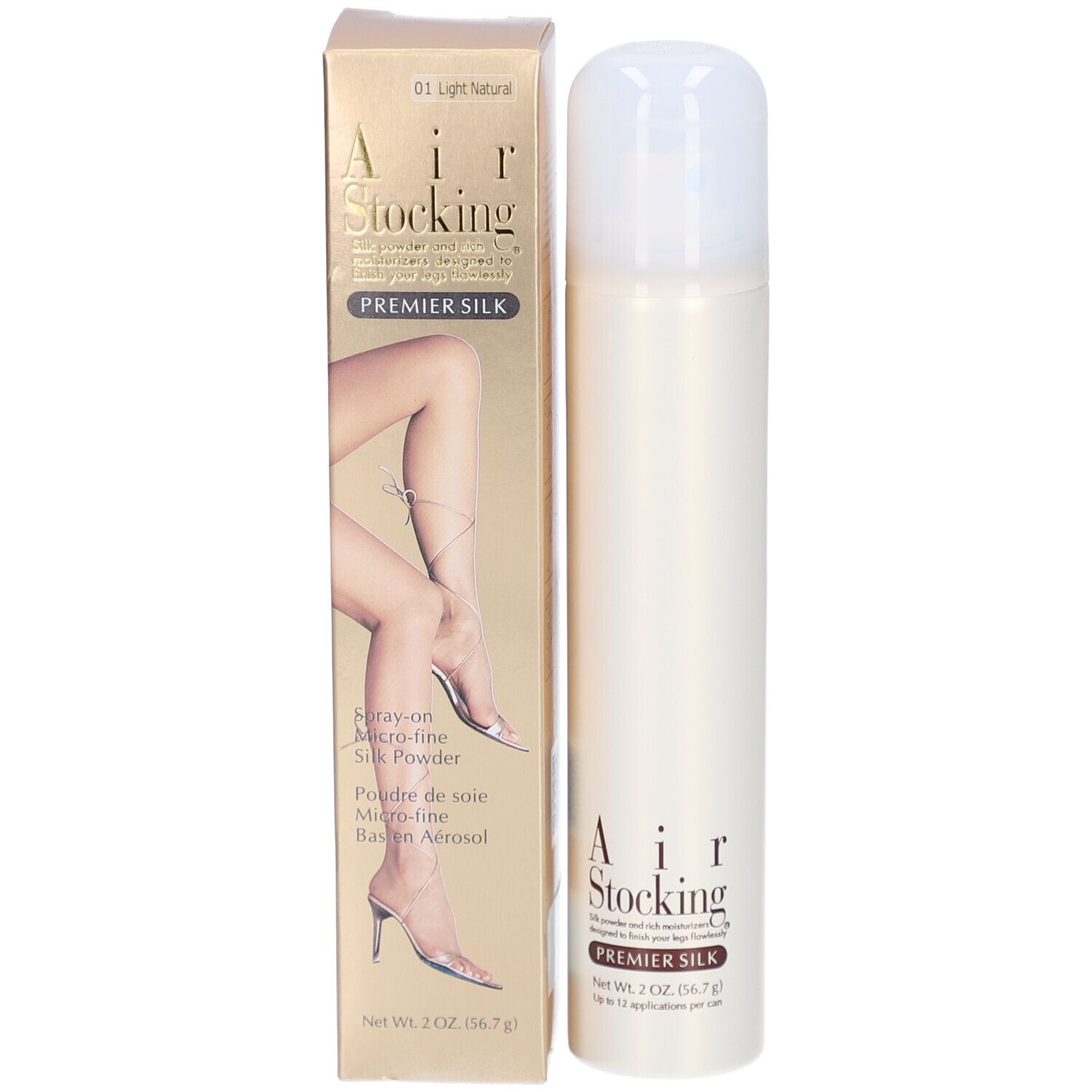 Produktverpackung mit Spraydose und Karton. Text: AIR STOCKING PREMIER SILK. Abbildung von Beinen.