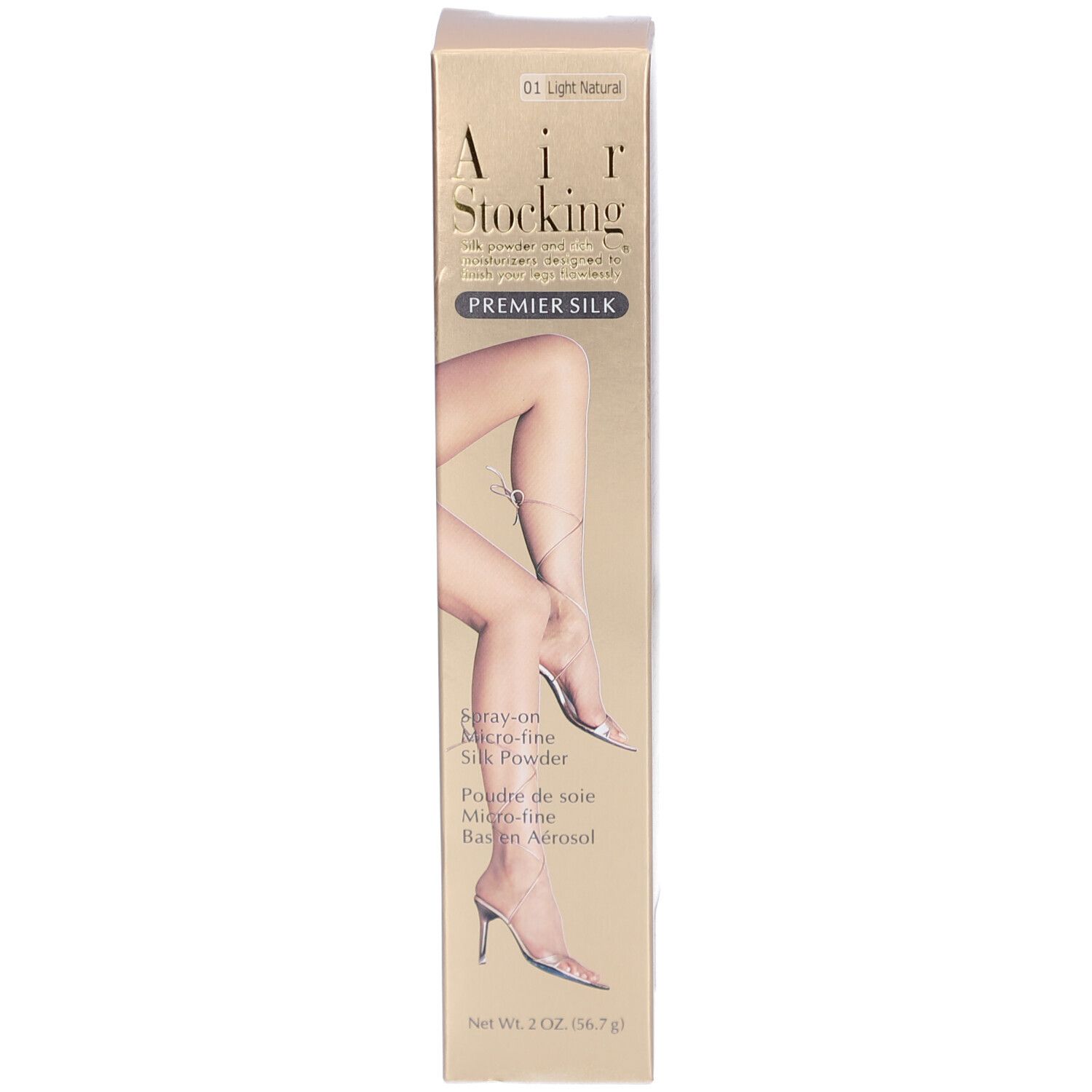 Produktverpackung mit Karton. Text: AIR STOCKING PREMIER SILK. Abbildung von Beinen.