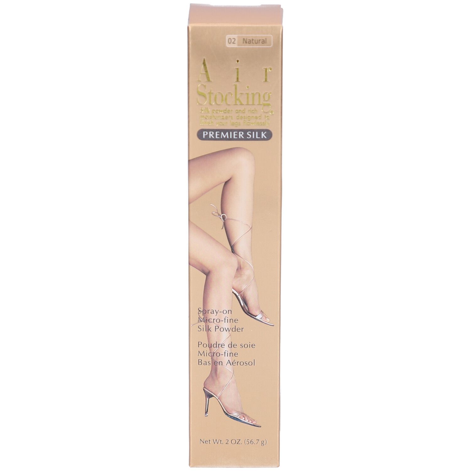 Verpackung AIR STOCKING PREMIER SILK. Abbildung von Beinen. Aufdruck: Spray-on Micro-fine Silk Powder. Farbgebung: Beige und Gold.