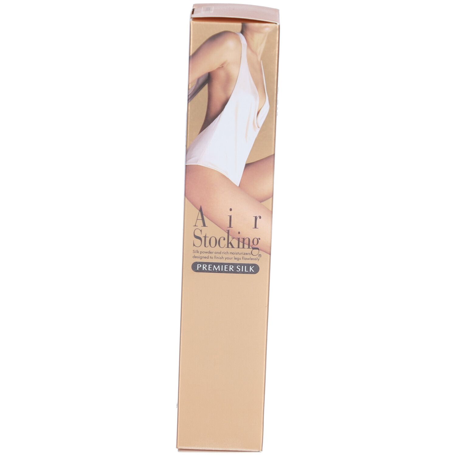 Verpackung AIR STOCKING PREMIER SILK. Abbildung eines Oberkörpers. Farbgebung: Beige und Gold. Produktbezeichnung.