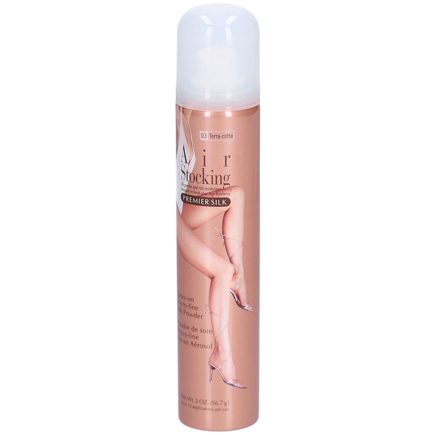 Aerosol-Dose mit Produktabbildung. Aufschrift: AIR STOCKING PREMIER SILK. Farbe: Terra Spr. Enthält 56,7 g.