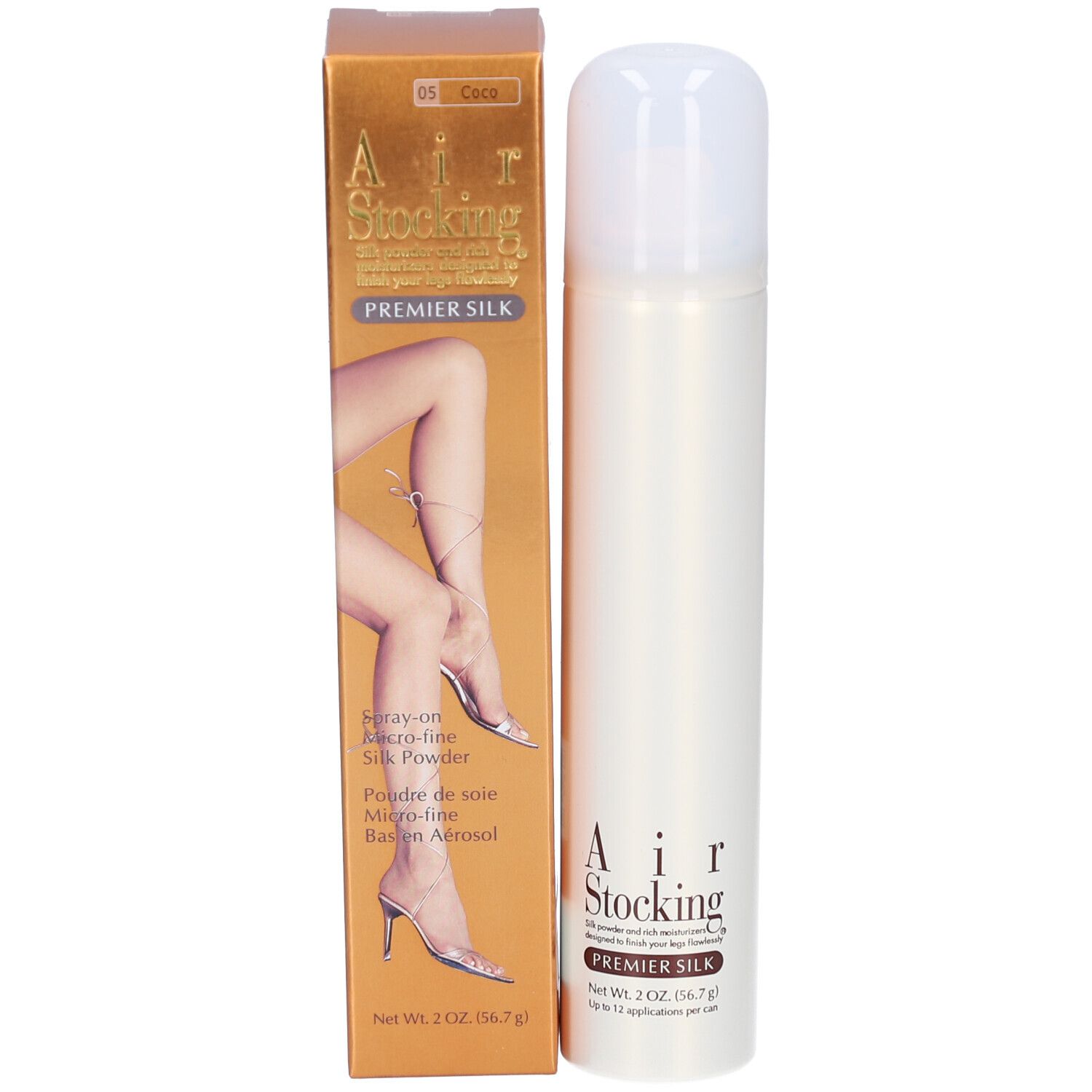 Produkt und Verpackung. Dose und Karton. Aufschrift: Air Stocking Premier Silk. Abbildung: Beine mit Strümpfen.