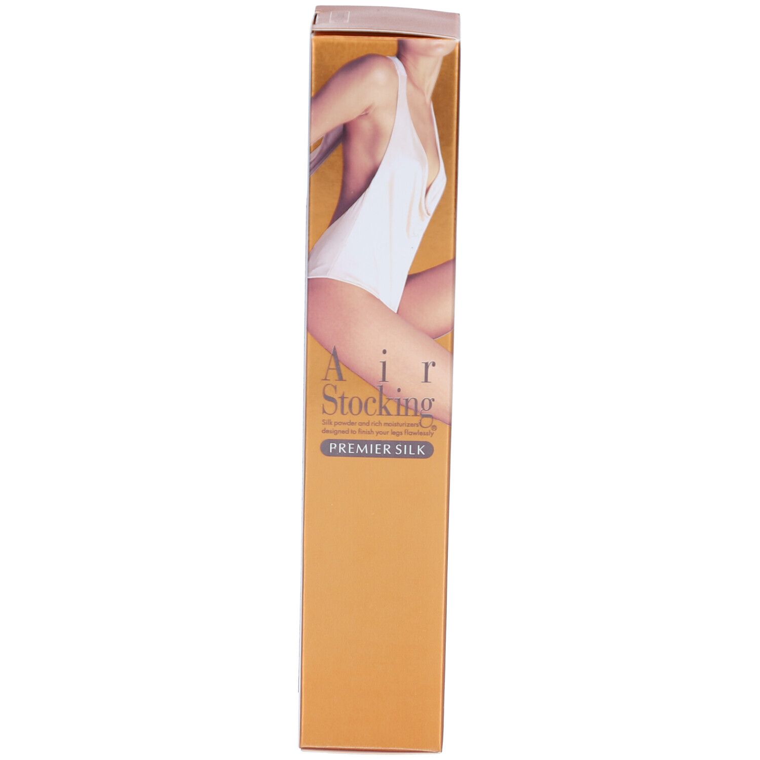 Karton. Aufschrift: Air Stocking Premier Silk. Abbildung: Oberkörper. Farbe: Gold. Text: Premier Silk.