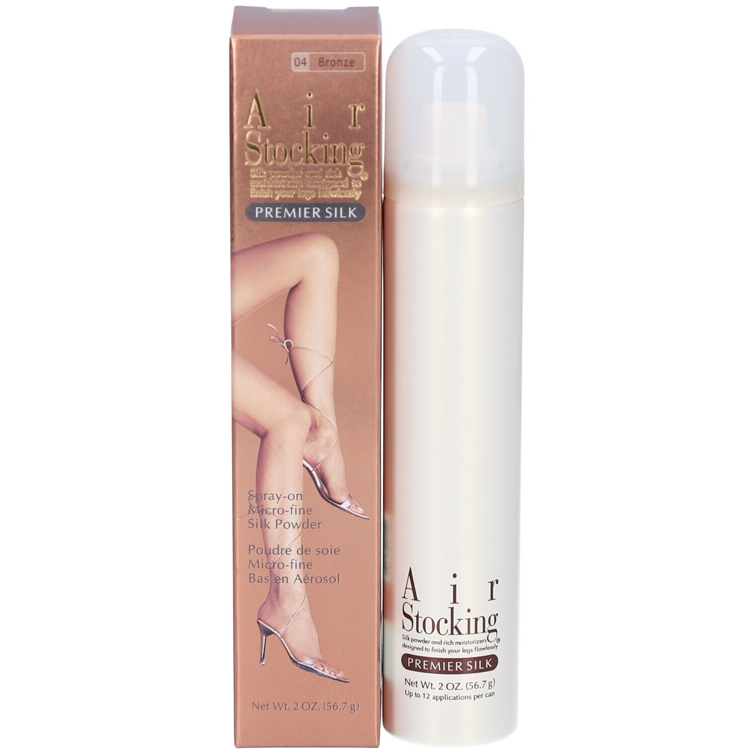 Produkt mit Verpackung. Dose und Karton. Aufschrift: Air Stocking Premier Silk. Abbildung: Beine mit Strümpfen. Farbe: Bronze.