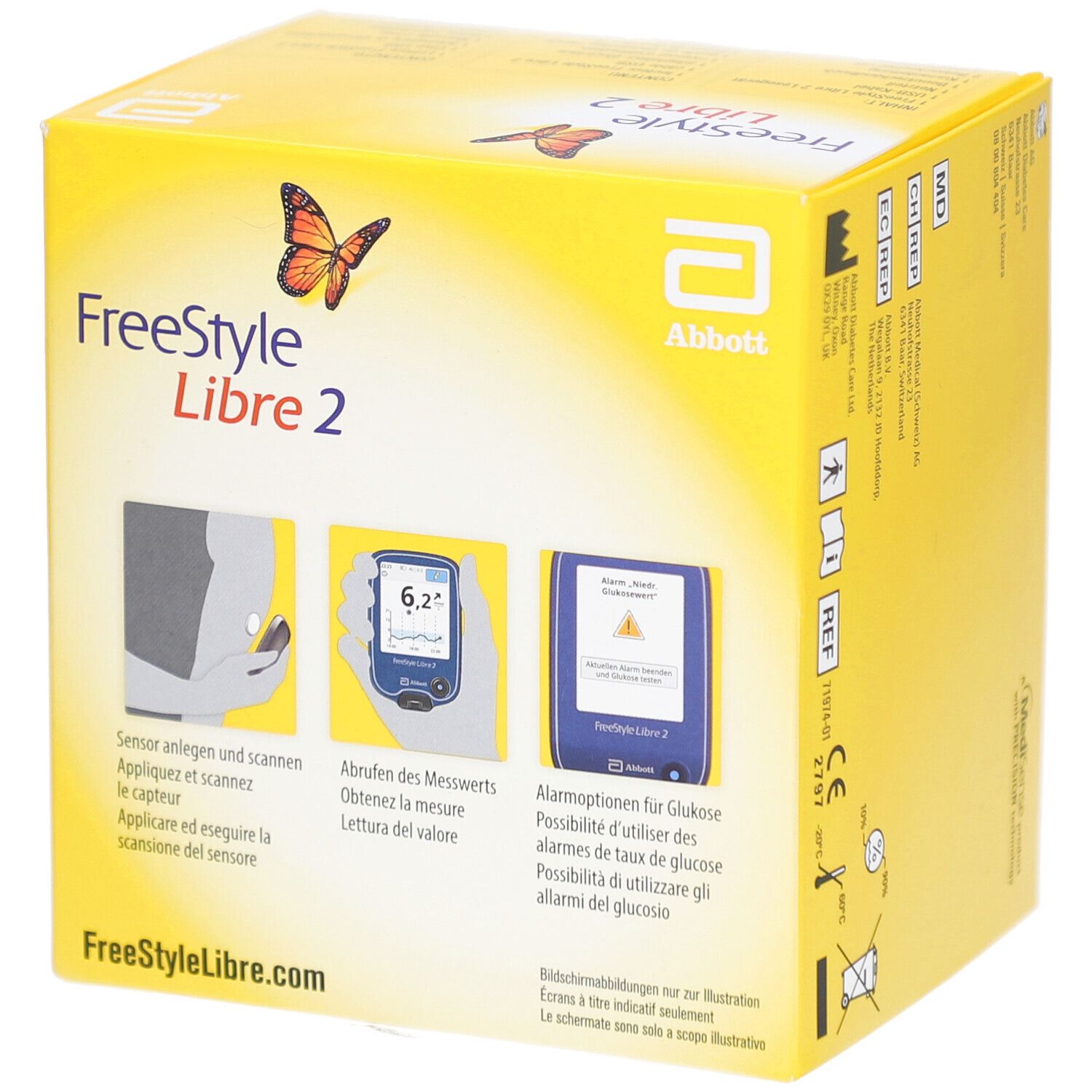 Boîte jaune avec images et texte du produit. Inscription: FreeStyle Libre 2. Logo Abbott. Illustration de papillon. Application du produit.