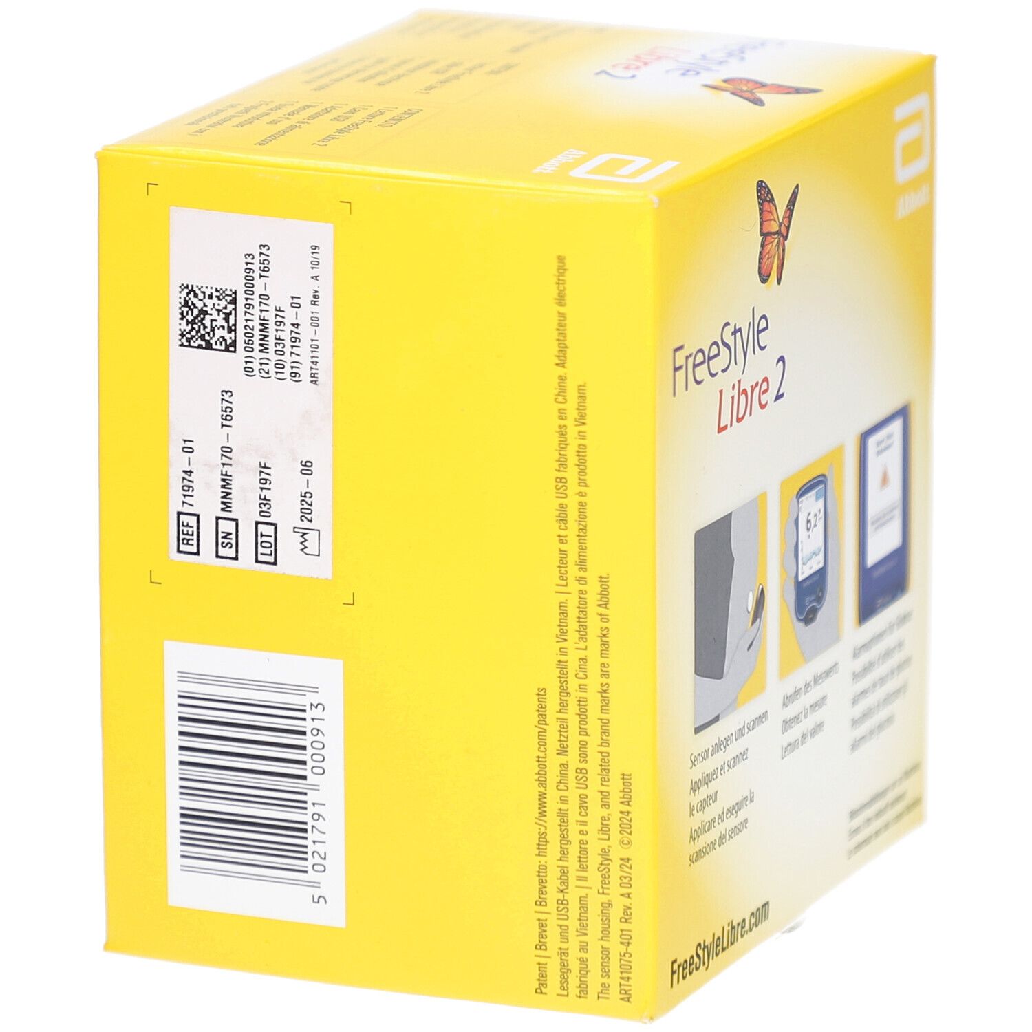 Boîte jaune, vue latérale avec informations sur le produit. Inscription: FreeStyle Libre 2. Code-barres et codes produit. Illustration de papillon.