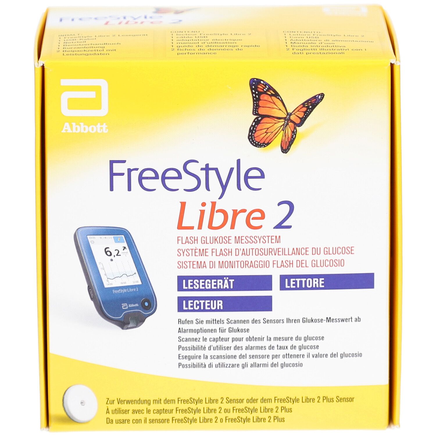 Boîte jaune avec image et texte du produit. Inscription: FreeStyle Libre 2. Lecteur. Logo Abbott. Illustration de papillon.