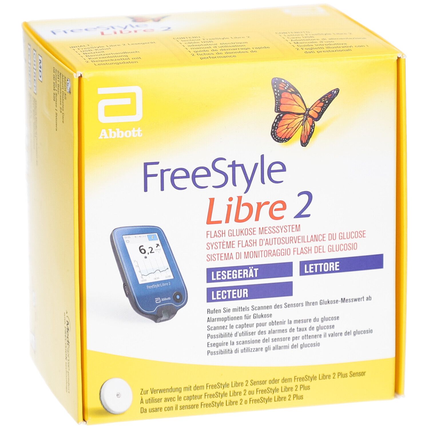 Boîte jaune avec image et texte du produit. Inscription: FreeStyle Libre 2. Lecteur. Logo Abbott. Illustration de papillon.