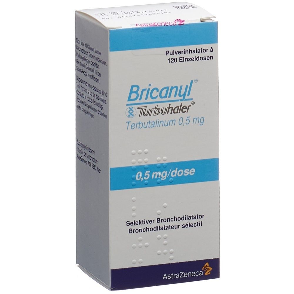 Kartonverpackung von BRICANYL Turbuhaler. Weiß, blau und grau. Text: BRICANYL, Turbuhaler, Inh. Plv. 0,5 mg.