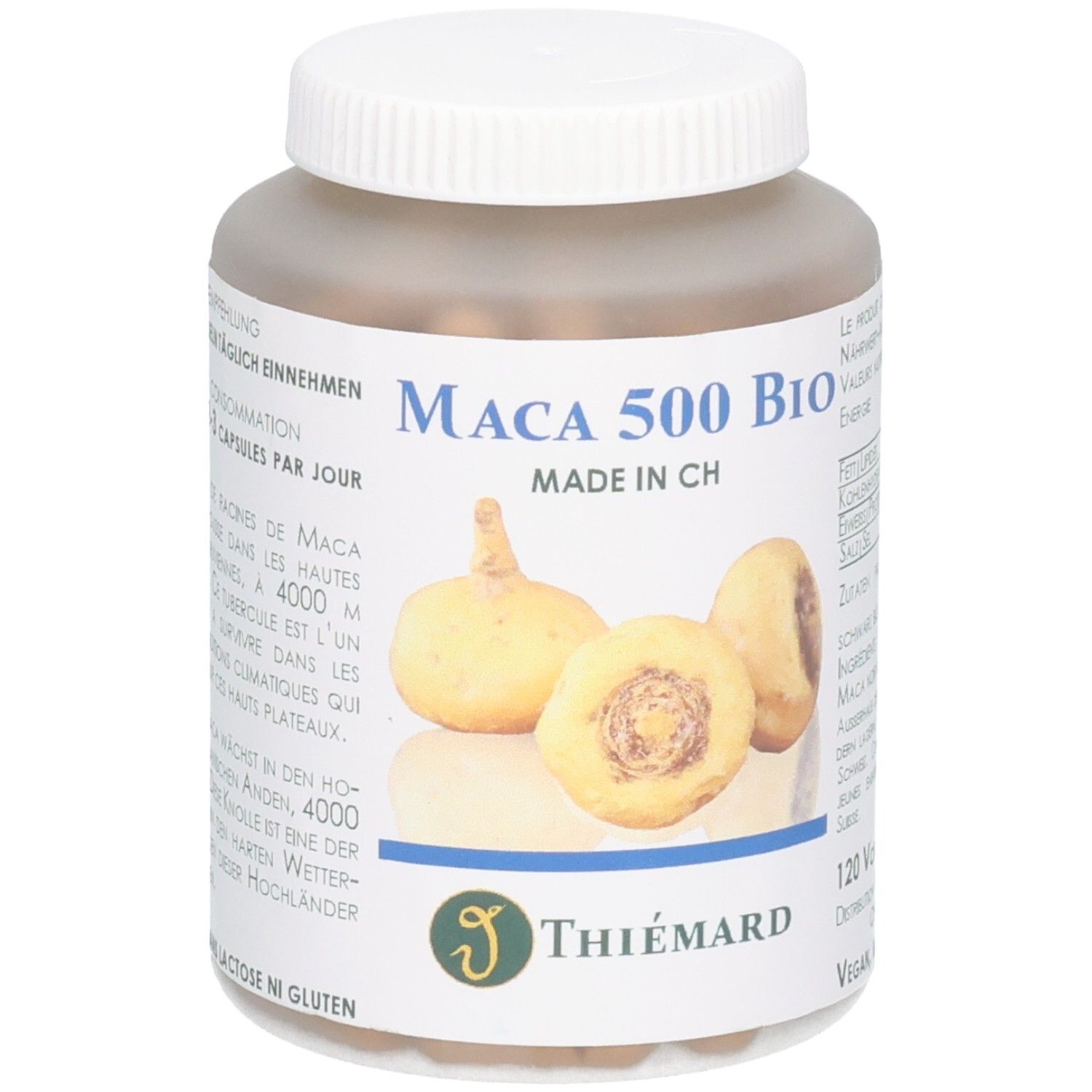 Flasche mit Maca 500 Bio Kapseln, Made in CH, mit Abbildung von Maca-Wurzeln.