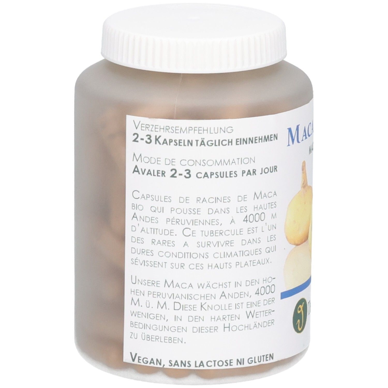 Rückseite der Flasche mit Verzehrempfehlung und Hinweisen zu Maca-Wurzeln.