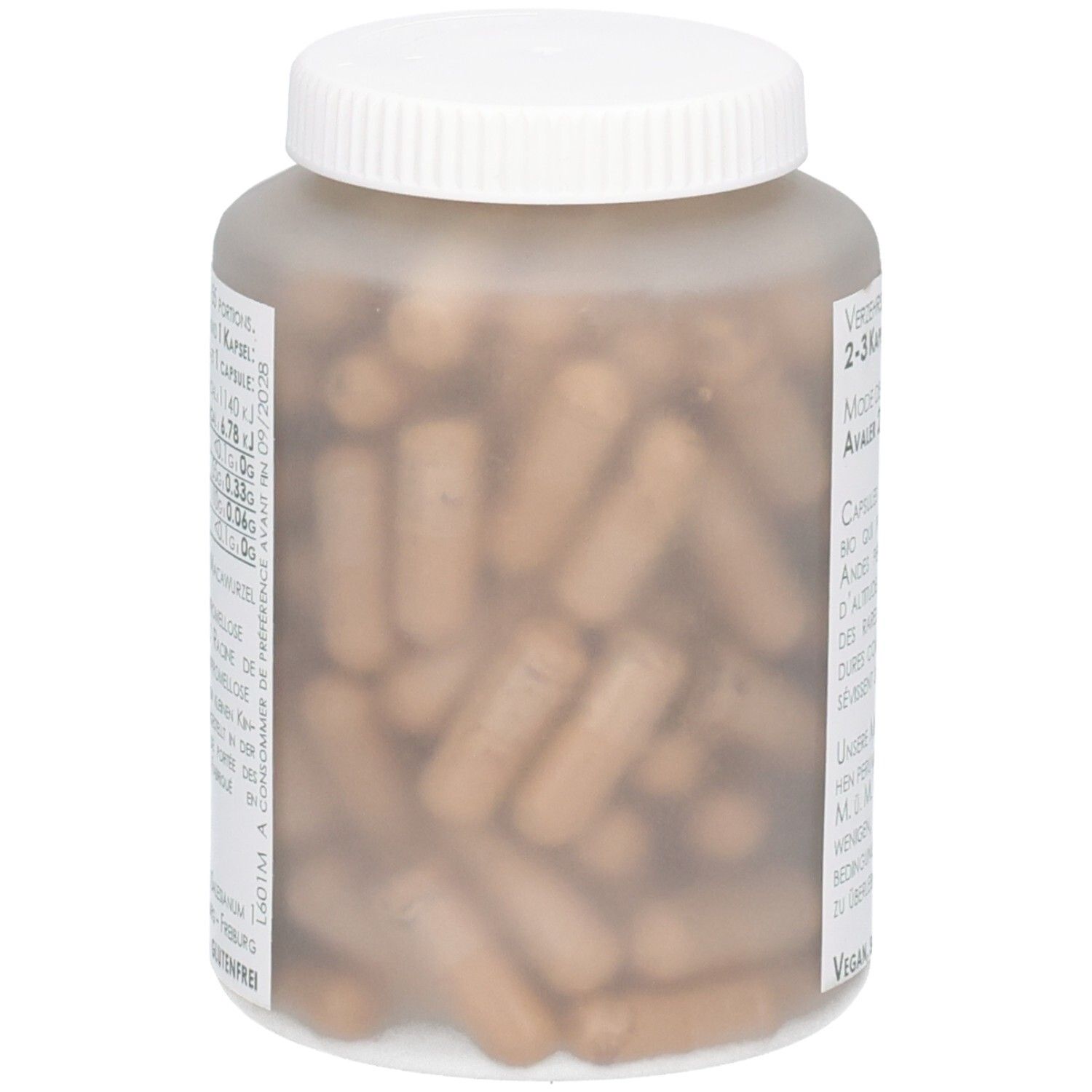 Flasche mit Maca 500 Bio Kapseln, durchscheinender Behälter zeigt braune Kapseln.