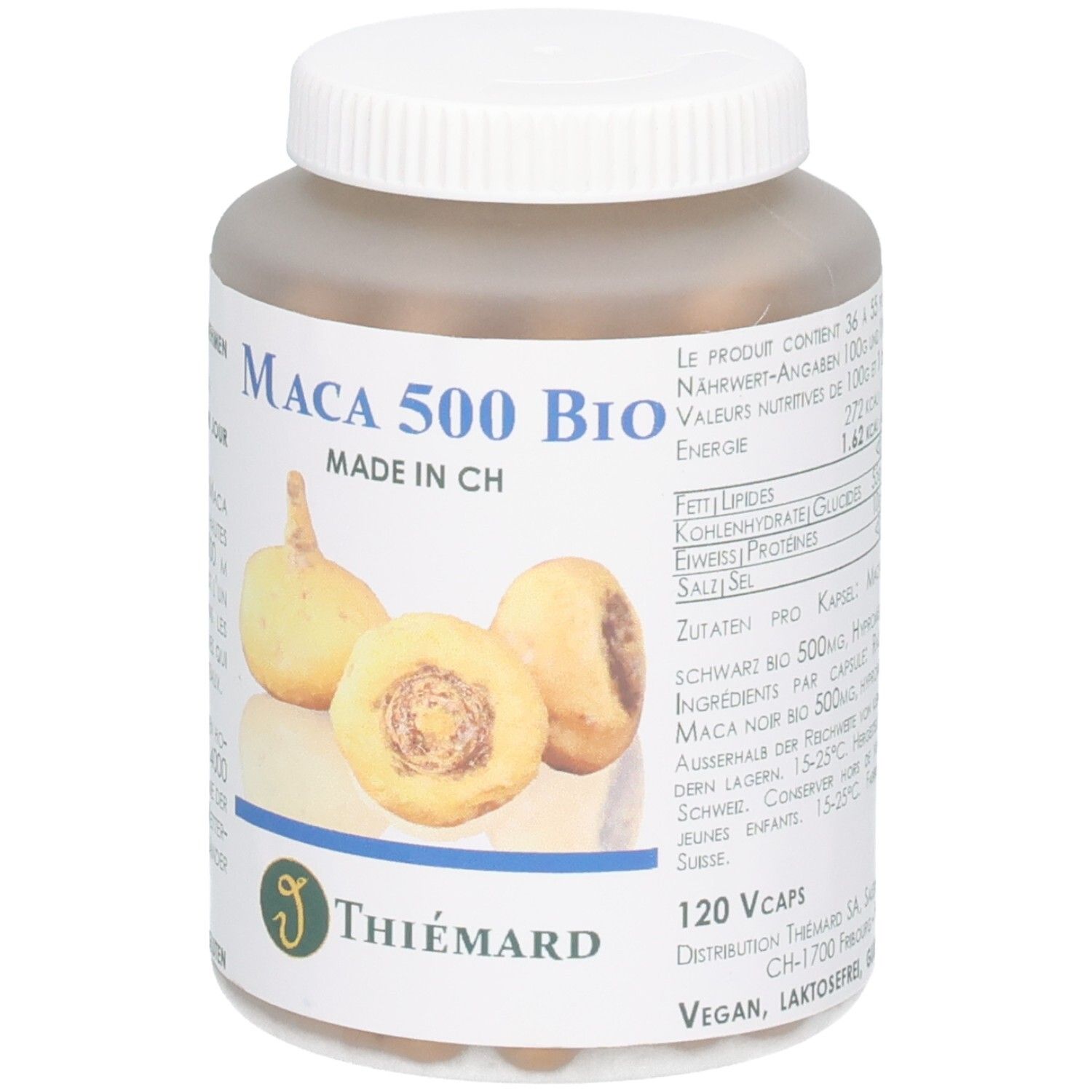 Flasche mit Maca 500 Bio Kapseln, Made in CH, mit Abbildung von Maca-Wurzeln und Nährwertangaben.