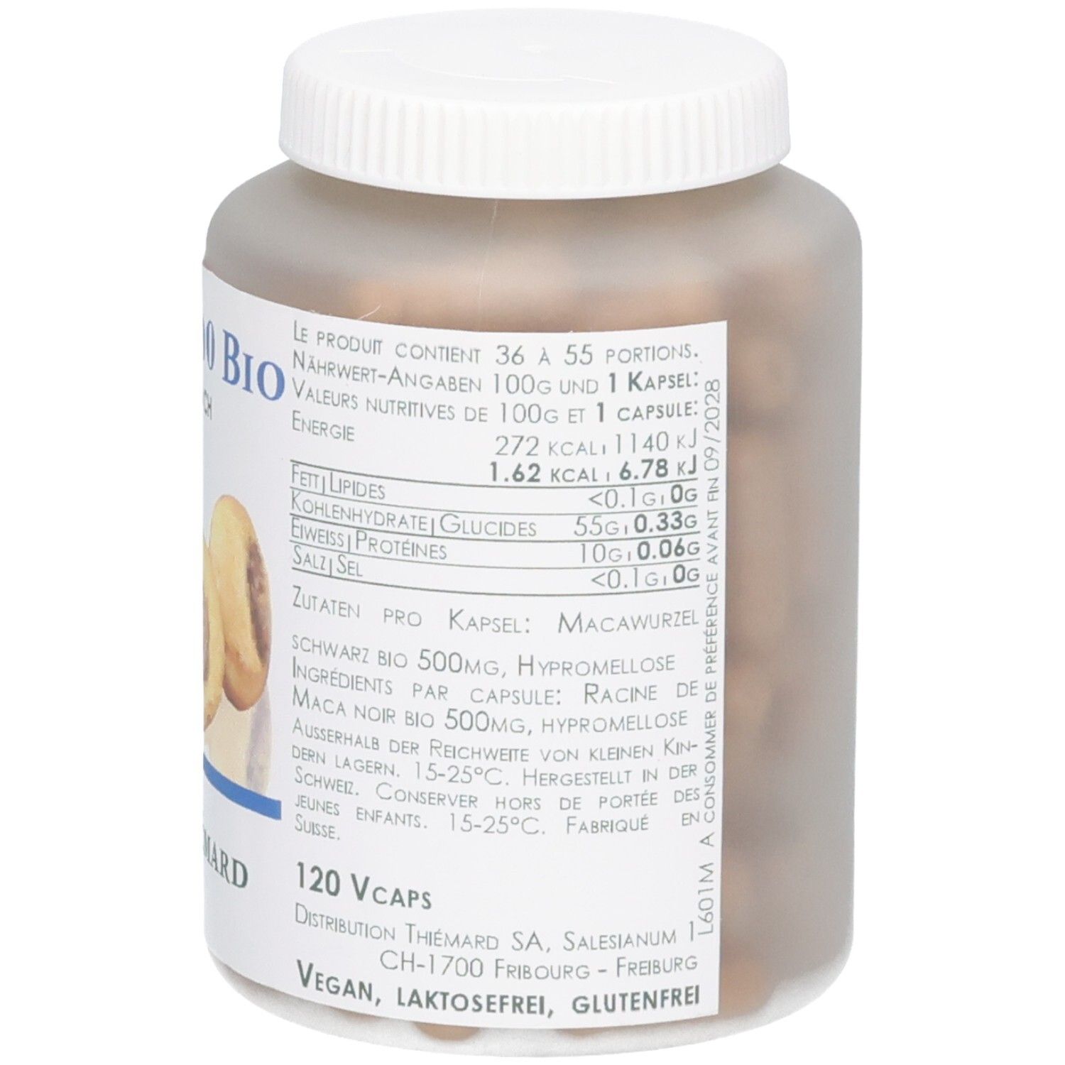 Seitenansicht der Flasche mit detaillierten Nährwertangaben und Inhaltsstoffen.