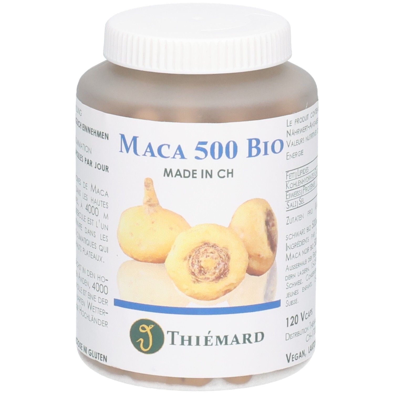 Flasche mit Maca 500 Bio Kapseln, Made in CH, mit Abbildung von Maca-Wurzeln und Logo.