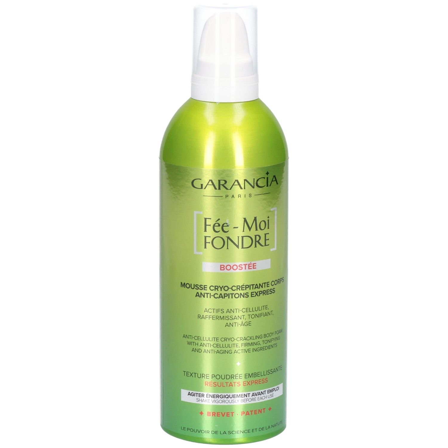 Garancia Fée Moi Fondre Boostée: Grüne Sprühdose mit weißem Pumpspender. Anti-Cellulite Körper-Schaum.