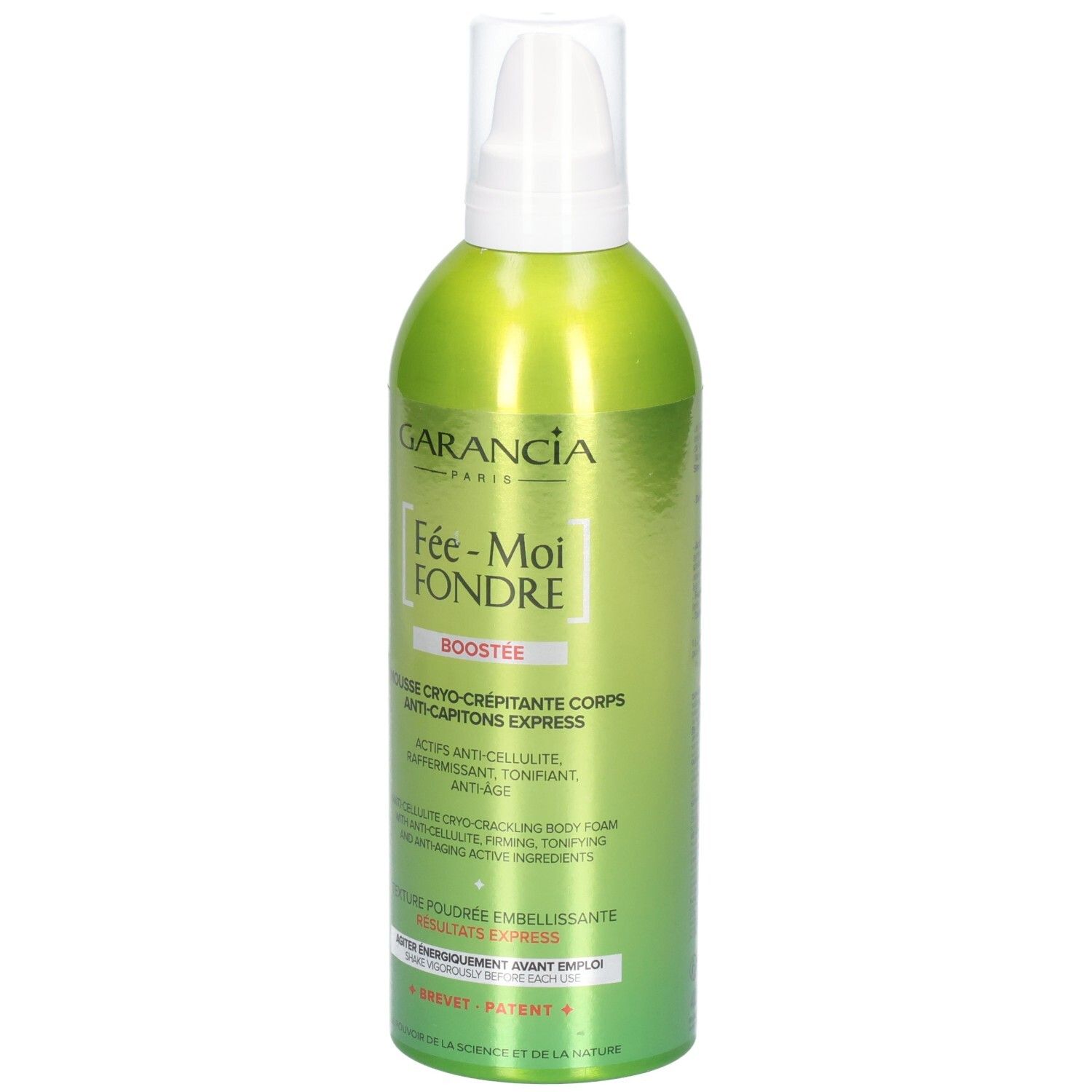Garancia Fée Moi Fondre Boostée: Grüne Sprühdose mit weißem Pumpspender. Anti-Cellulite Körper-Schaum.