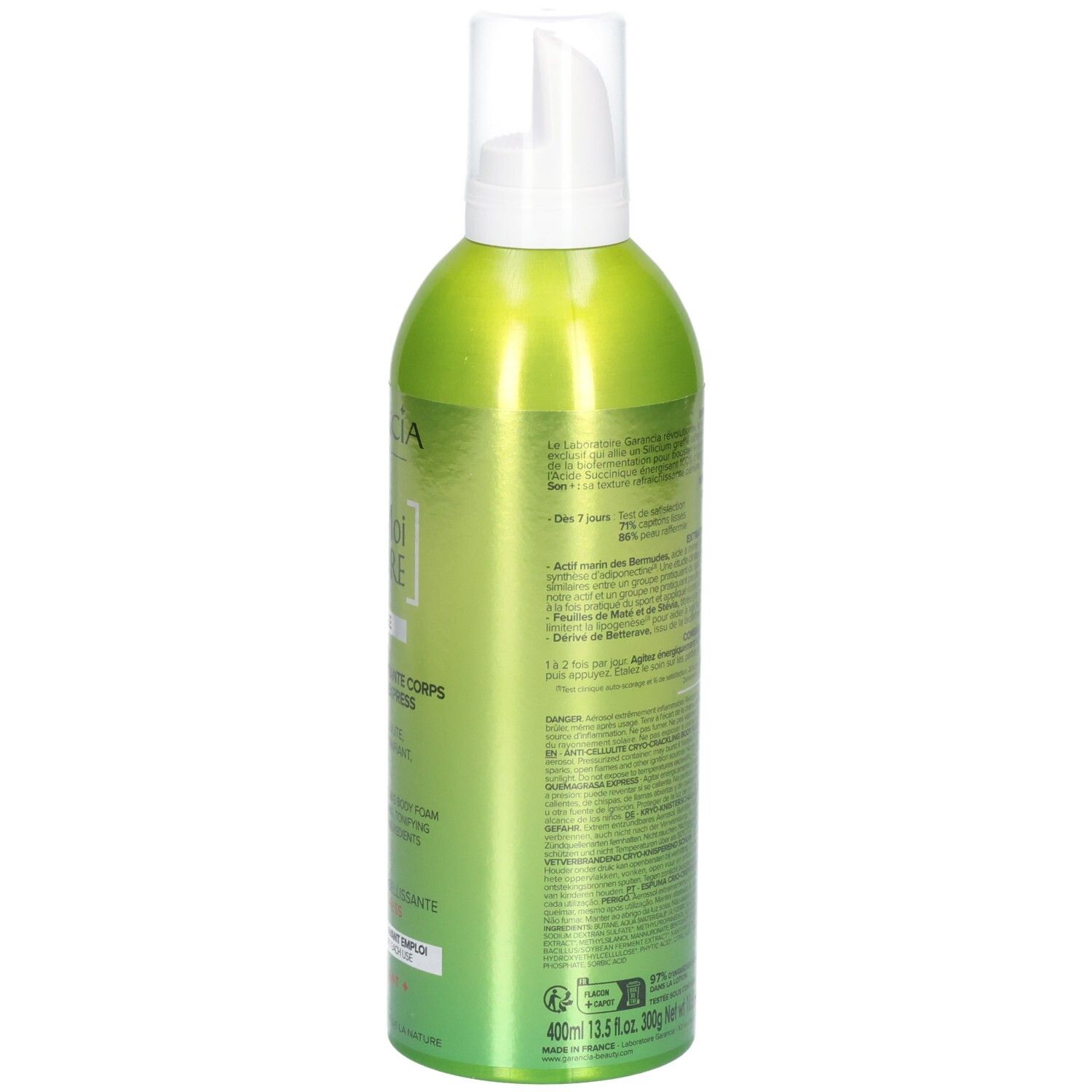 Garancia Fée Moi Fondre Boostée: Grüne Sprühdose mit weißem Pumpspender. Produktinformationen auf der Rückseite.